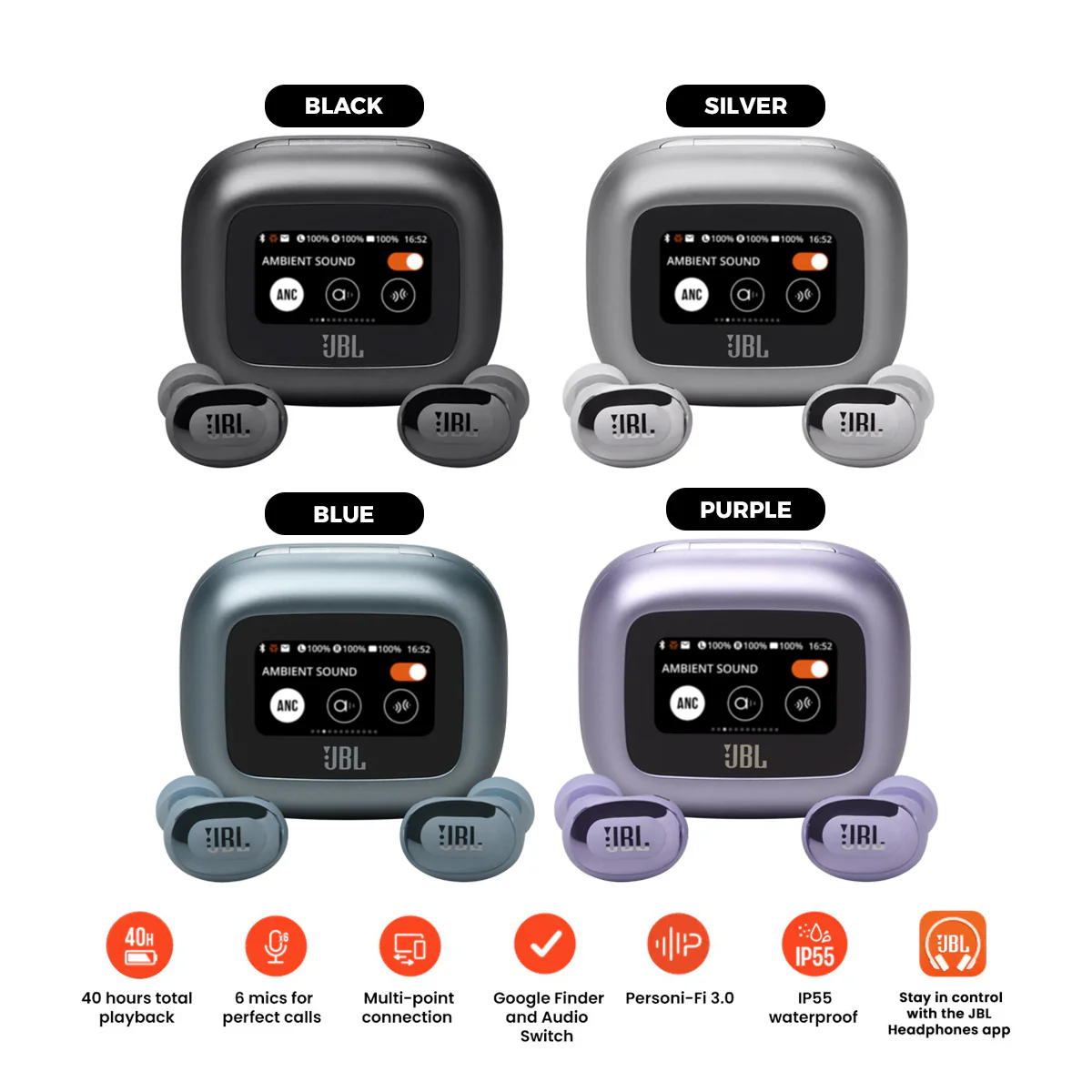 JBL Live Buds 3 True Wireless Noise Cancelling Closed-Stick Earbuds (Black, Silver, Purple, Blue)