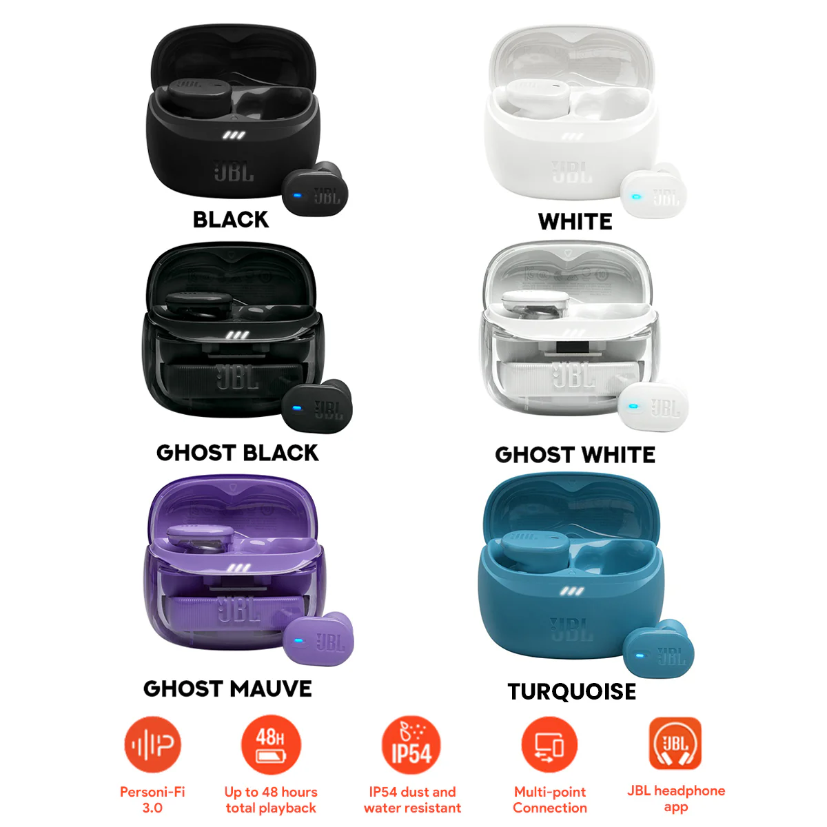 JBL Tune Buds 2 True Wireless Noise Cancelling (Black, White, Ghost Black, Ghost Mauve, Ghost White, Turquoise)