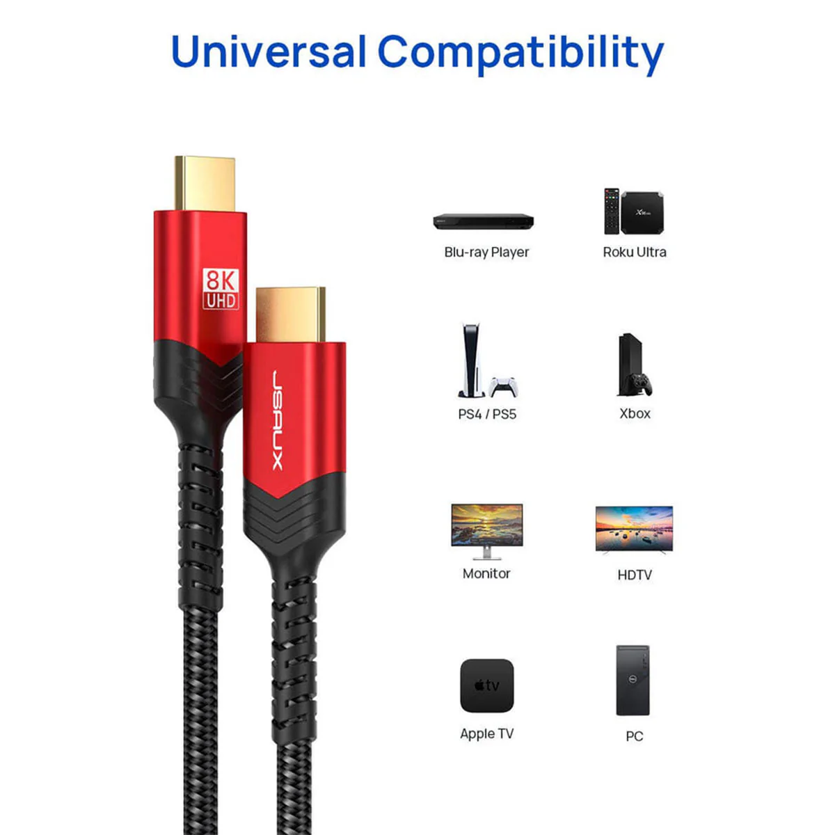 JSAUX 8K 60Hz HDMI Cable 3M 1-Pack (Red) (CV0011) - Image 3