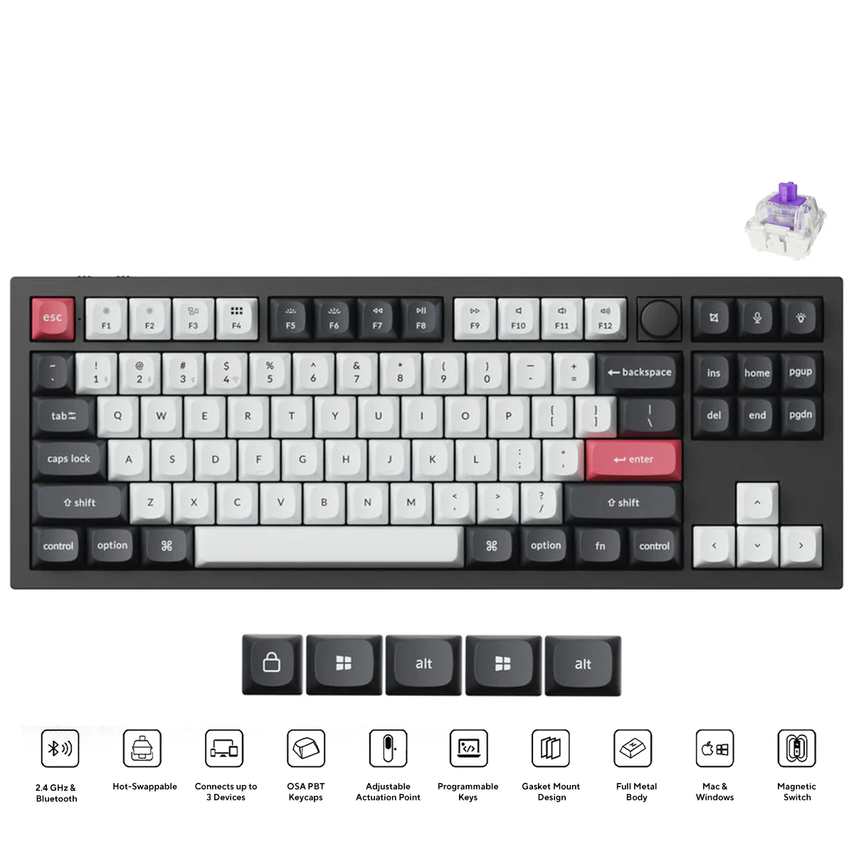Keychron Q3 HE QMK TKL Fully Assembled Knob RGB Backlight Hot-Swappable Wireless Magnetic Switch Keyboard - Carbon Black (Gateron Double-Rail Magnetic Nebula Switch) (Q3H-M1)