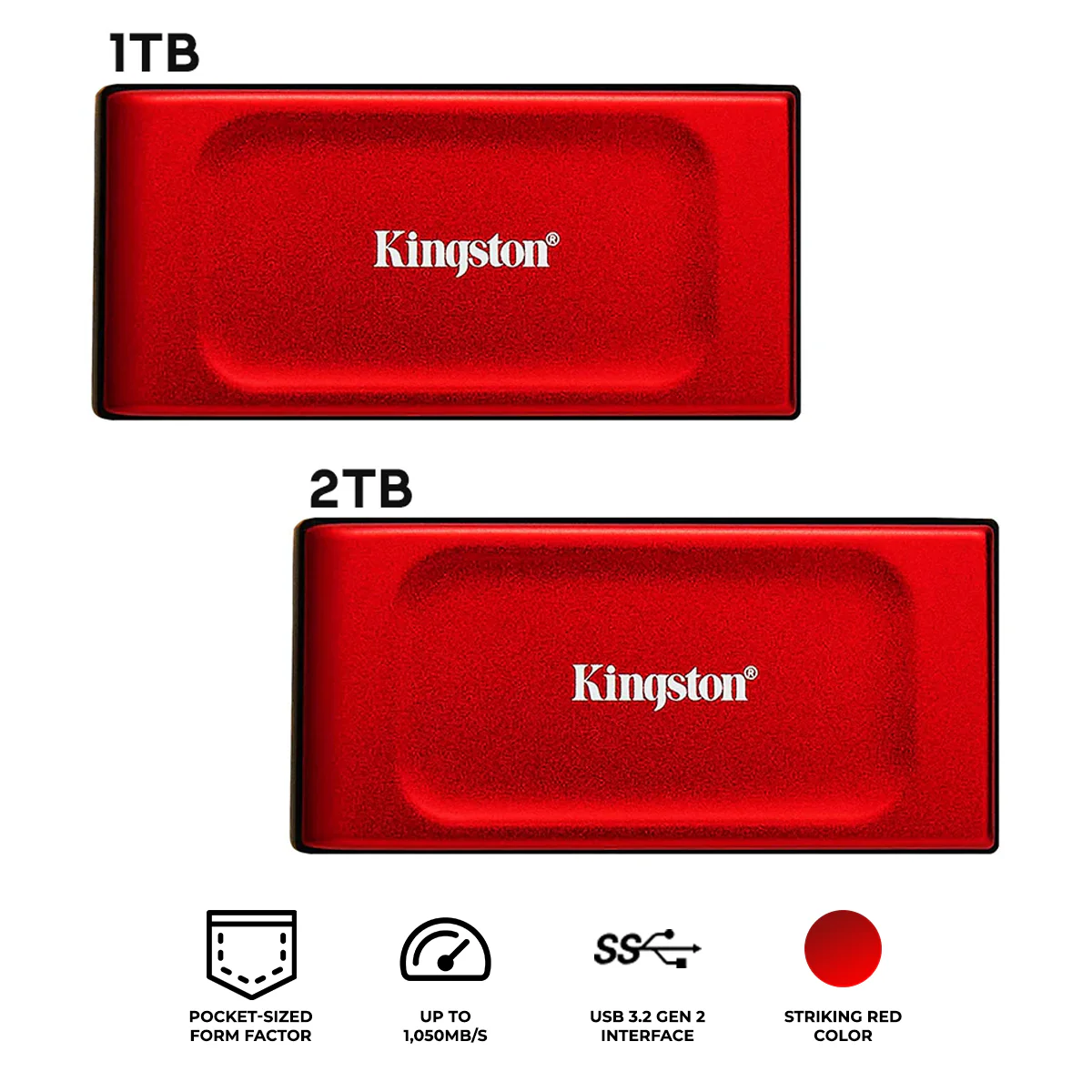 Kingston XS1000R USB 3.2 Gen 2 USB Type-C External SSD (Red) (1TB, 2TB)