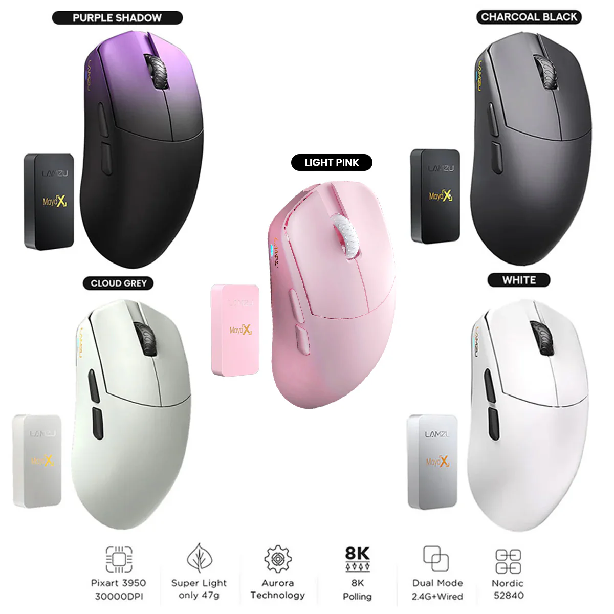 Lamzu Maya X 8K Superlight Wireless Gaming Mouse (Purple Shadow, Charcoal Black, White, Cloud Grey, Light Pink)