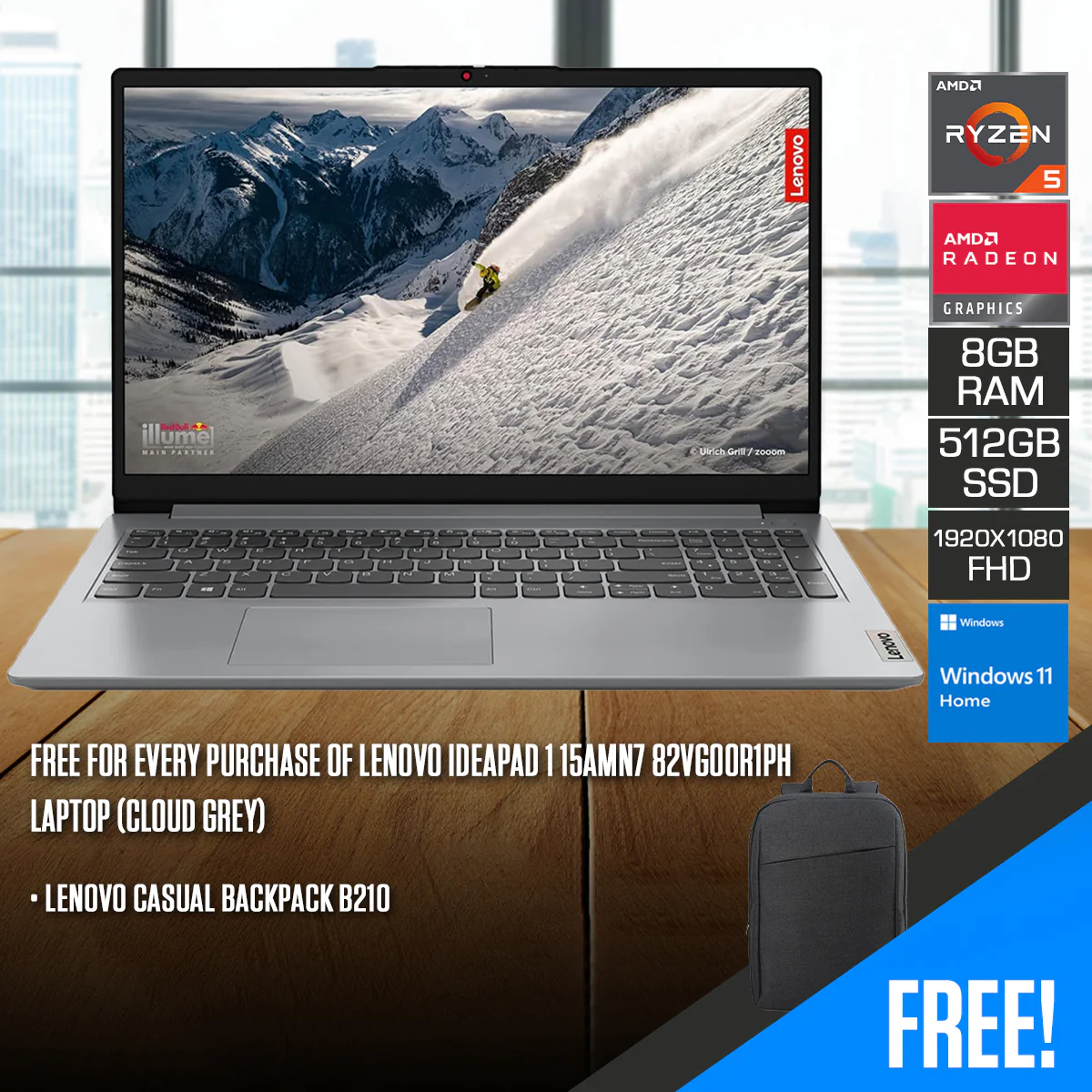 Lenovo IdeaPad 1 15AMN7 82VG00R1PH Laptop (Cloud Grey) | 15.6" FHD (1920x1080) IPS | Ryzen 5 7520U | 8GB RAM | 512GB SSD | AMD Radeon 610M Graphics | Windows 11 Home  + Lenovo Casual Backpack B210