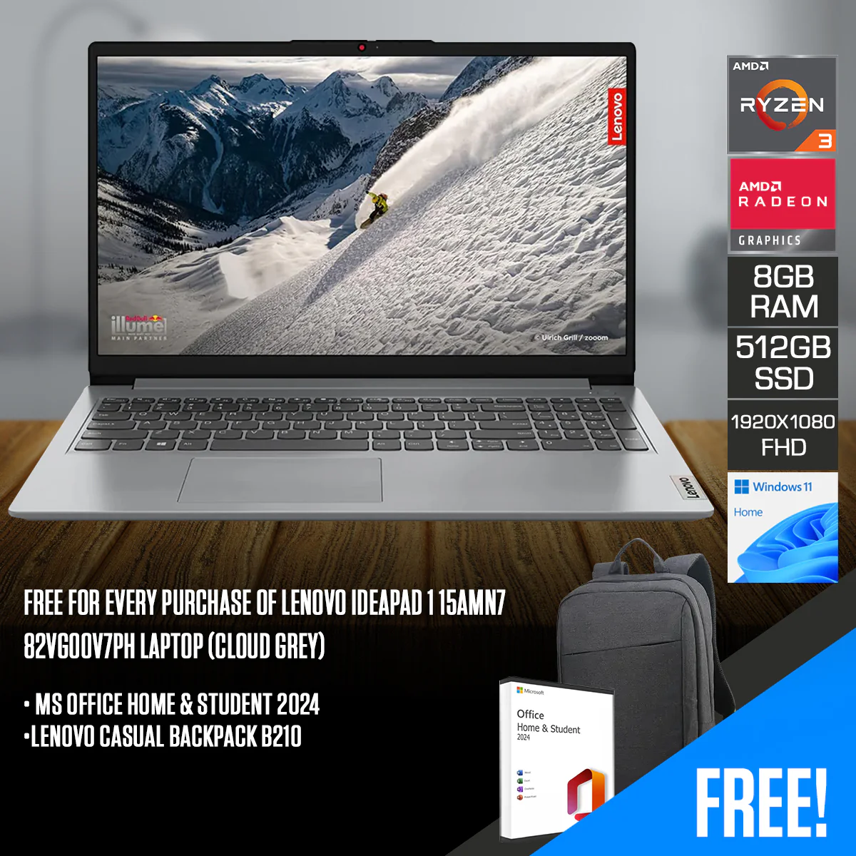 Lenovo IdeaPad 1 15AMN7 82VG00V7PH Laptop (Cloud Grey) | 15.6" FHD (1920x1080) IPS | Ryzen 3 7320U | 8GB RAM | 512GB SSD | AMD Radeon 610M Graphics | Windows 11 Home | MS Office Home & Student 2024 + Lenovo Casual Backpack B210