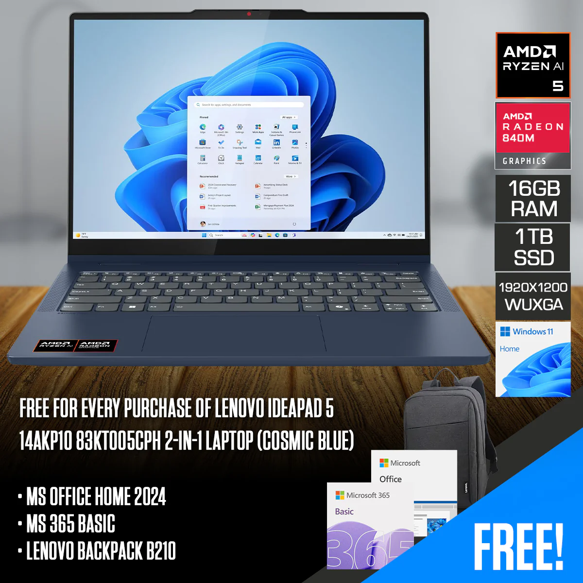 Lenovo IdeaPad 5 14AKP10 83KT005CPH 2-in-1 Laptop (Cosmic Blue) | 14" WUXGA (1920x1200) IPS | Ryzen AI 5 340 | 16GB RAM | 1TB SSD | AMD Radeon 840M Graphics | Windows 11 Home | MS Office Home 2024 + MS 365 Basic + Lenovo Backpack B210
