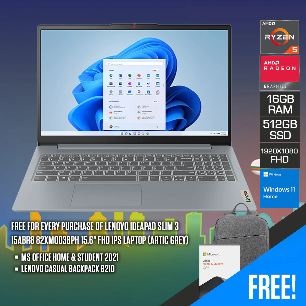 Lenovo Ideapad Slim 3 15ABR8 82XM003BPH Laptop (Arctic Grey) | 15.6" FHD (1920x1080) IPS | Ryzen™ 5 7530U | 16GB RAM | 512GB SSD | AMD Radeon™ Graphics | MS Office Home & Student 2021 | Lenovo Casual Backpack B210