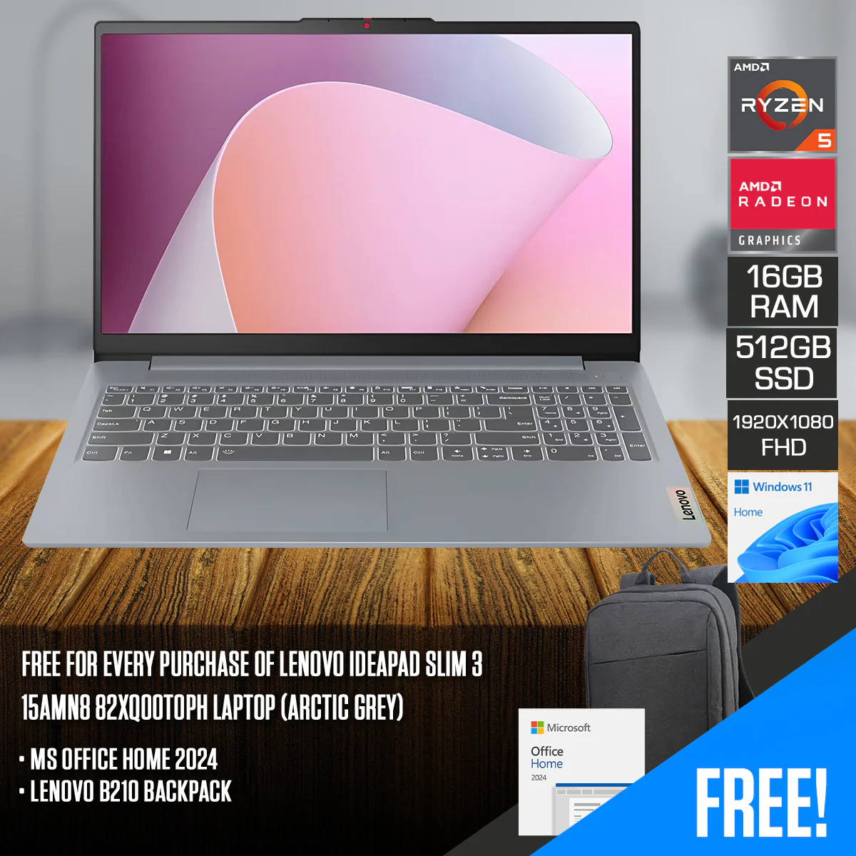 Lenovo IdeaPad Slim 3 15AMN8 82XQ00T0PH Laptop (Arctic Grey) | 15.6" FHD (1920x1080) TN | Ryzen 5 7520U | 16GB RAM | 512GB SSD | AMD Radeon 610M Graphics | Windows 11 Home | MS Office Home 2024 + Lenovo B210 Backpack