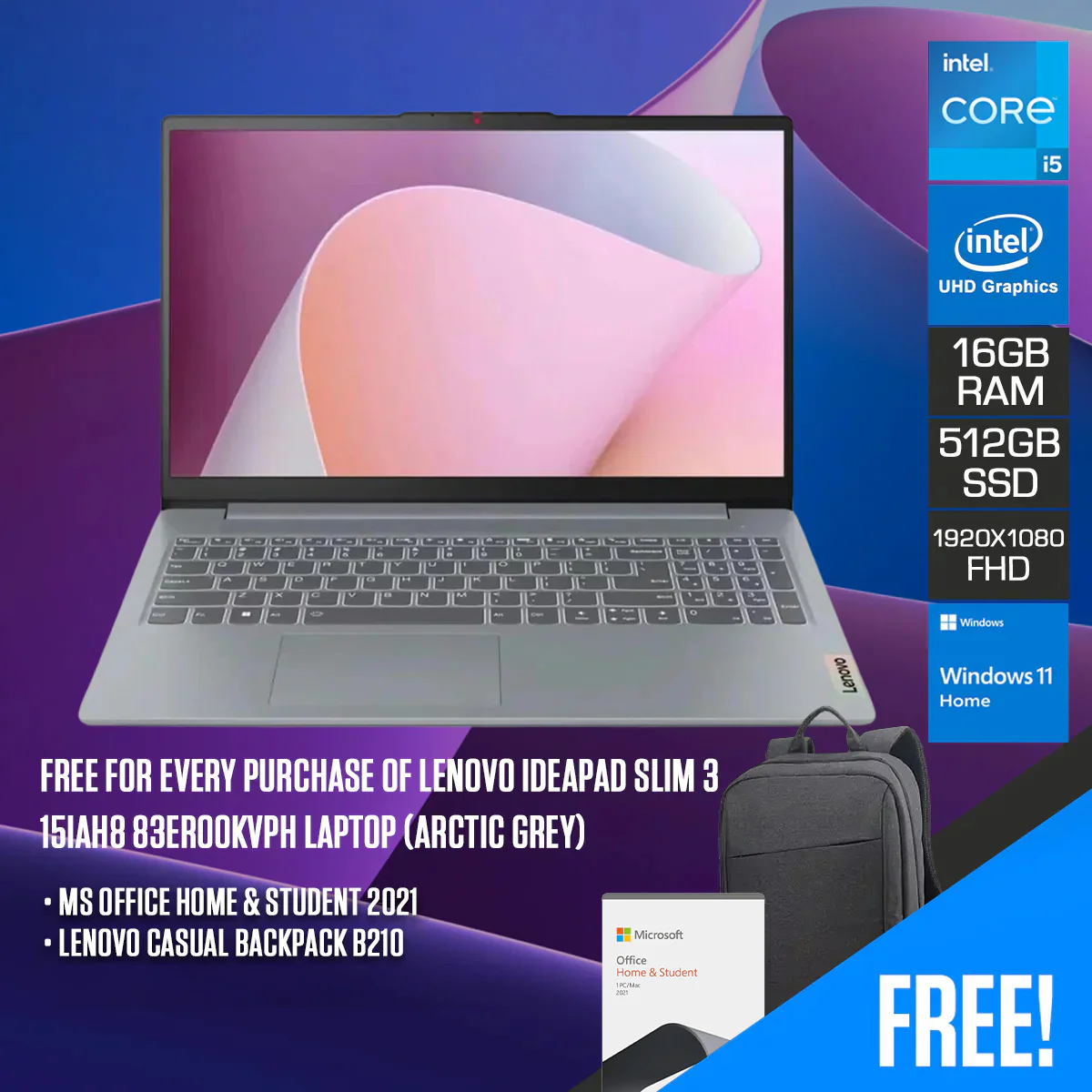 Lenovo IdeaPad Slim 3 15IAH8 83ER00KVPH Laptop (Arctic Grey) | 15.6" FHD (1920x1080) IPS | i5-12450H | 16GB RAM | 512GB SSD | Intel UHD Graphics | Windows 11 Home | MS Office Home & Student 2021 + Lenovo Casual Backpack B210