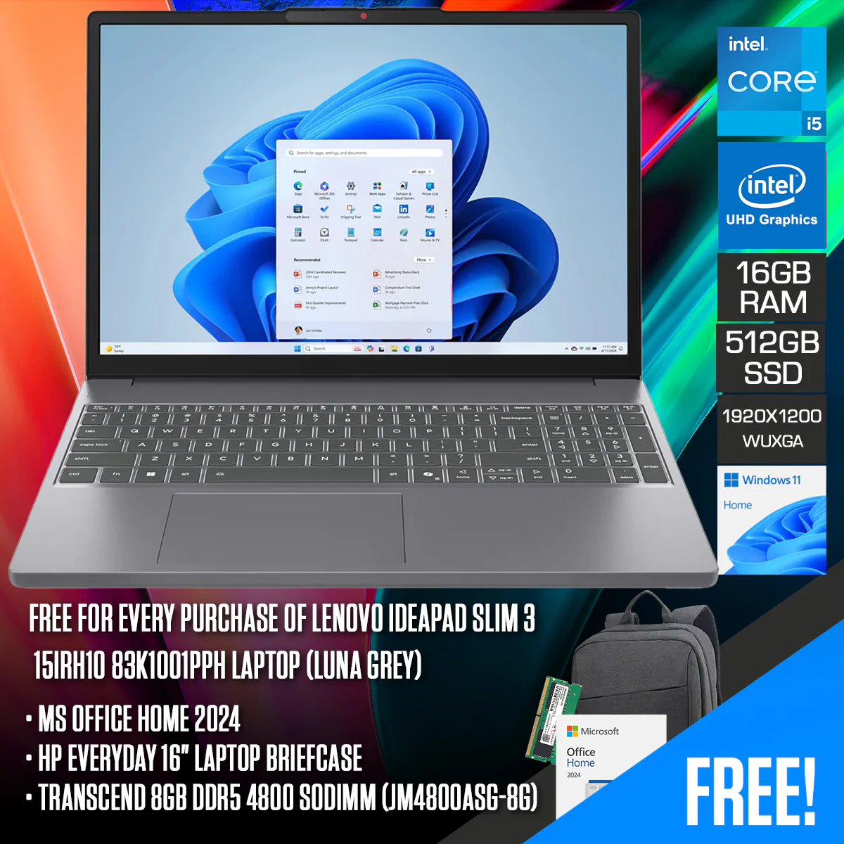 Lenovo IdeaPad Slim 3 15IRH10 83K1001PPH Laptop (Luna Grey) | 15.3" WUXGA (1920x1200) IPS | i5-13420H | 8GB RAM | 512GB SSSD | Intel UHD | Win 11 Home | MS Office Home '24 + Lenovo B210 Backpack + A4Tech FK13M Keypad + Transcend 8GB DDR5 4800 SODIMM