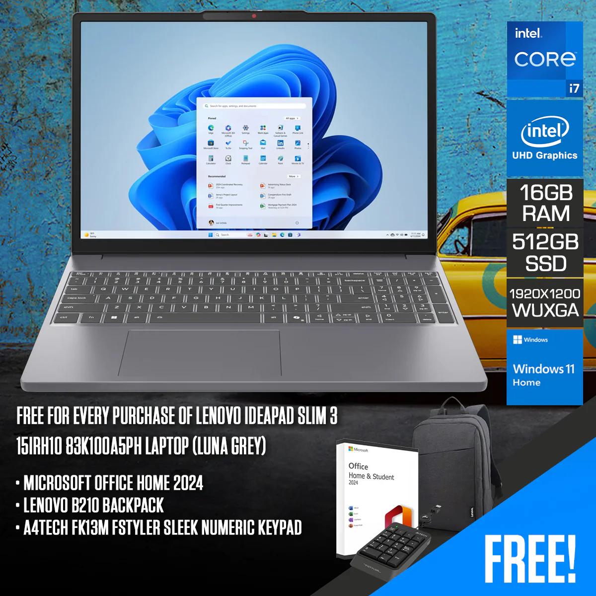 Lenovo IdeaPad Slim 3 15IRH10 83K100A5PH Laptop (Luna Grey) | 15.3" WUXGA (1920x1200) IPS | i7-13620H | 16GB RAM | 512GB SSD | Intel UHD Graphics | Windows 11 Home | MS Office Home 2024 + Lenovo B210 Backpack + A4Tech FK13M Fstyler Sleek Numeric Keypad
