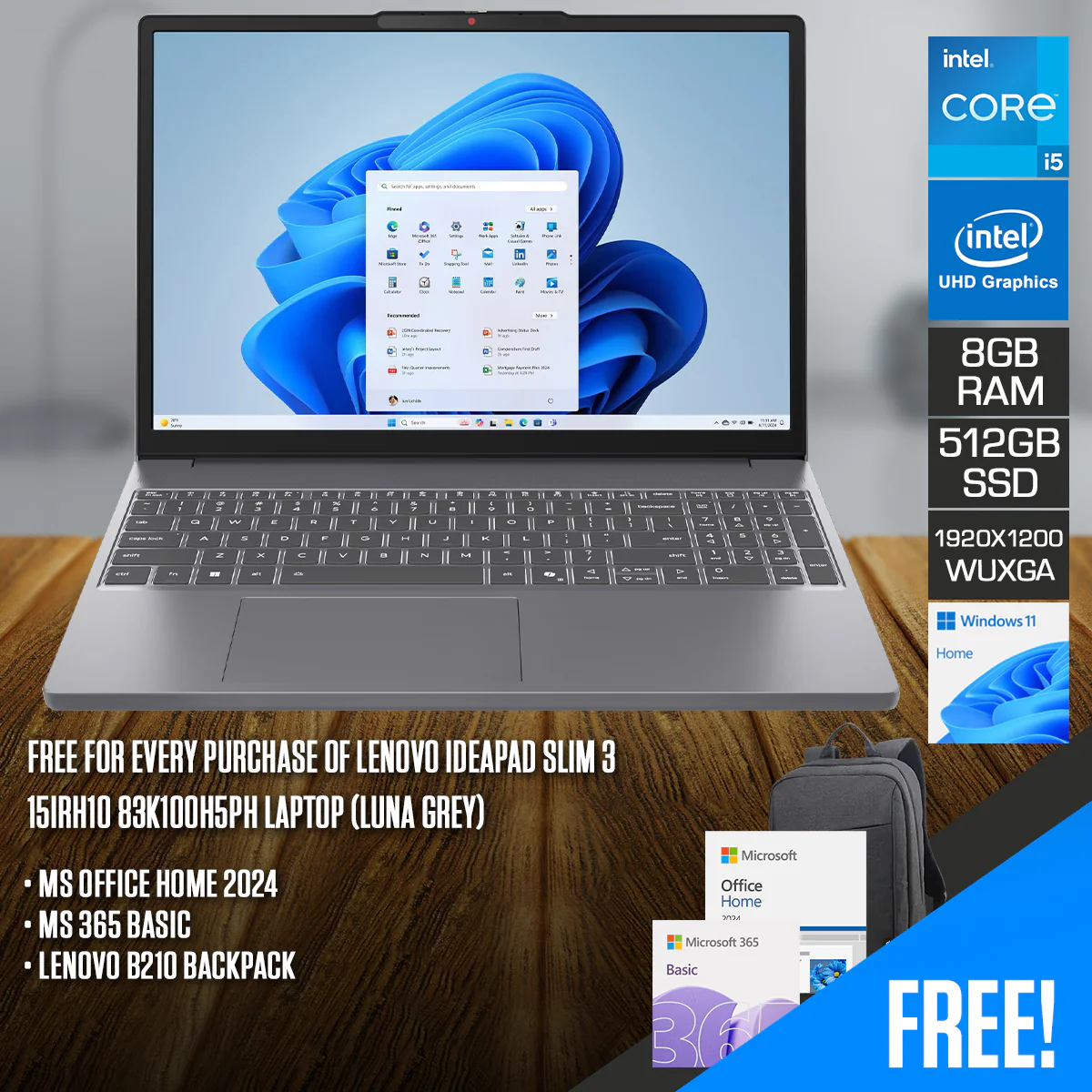 Lenovo IdeaPad Slim 3 15IRH10 83K100H5PH Laptop (Luna Grey) | 15.3" WUXGA (1920x1200) IPS | Core i5-13420H | 8GB RAM | 512GB SSD | Intel UHD Graphics | Windows 11 Home | MS Office Home 2024 + MS 365 Basic + Lenovo B210 Backpack
