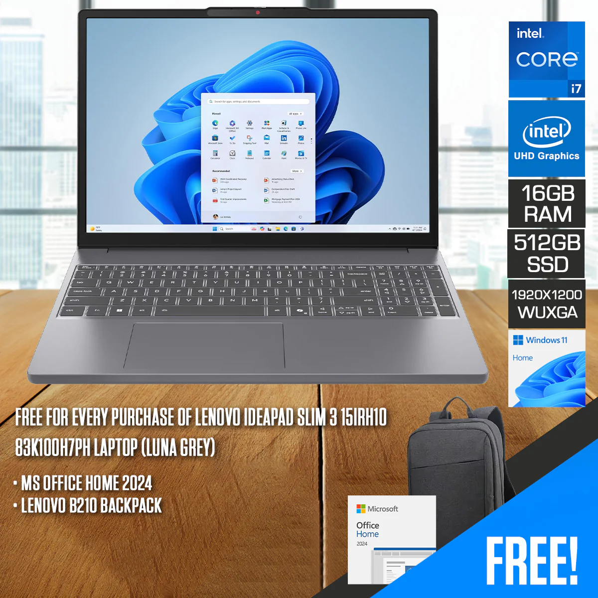 Lenovo IdeaPad Slim 3 15IRH10 83K100H7PH Laptop (Luna Grey) | 15.3" WUXGA (1920x1200) IPS | i7-13620H | 16GB RAM | 512GB SSD | Intel UHD Graphics | Windows 11 Home | MS Office Home 2024 + MS 365 Basic
