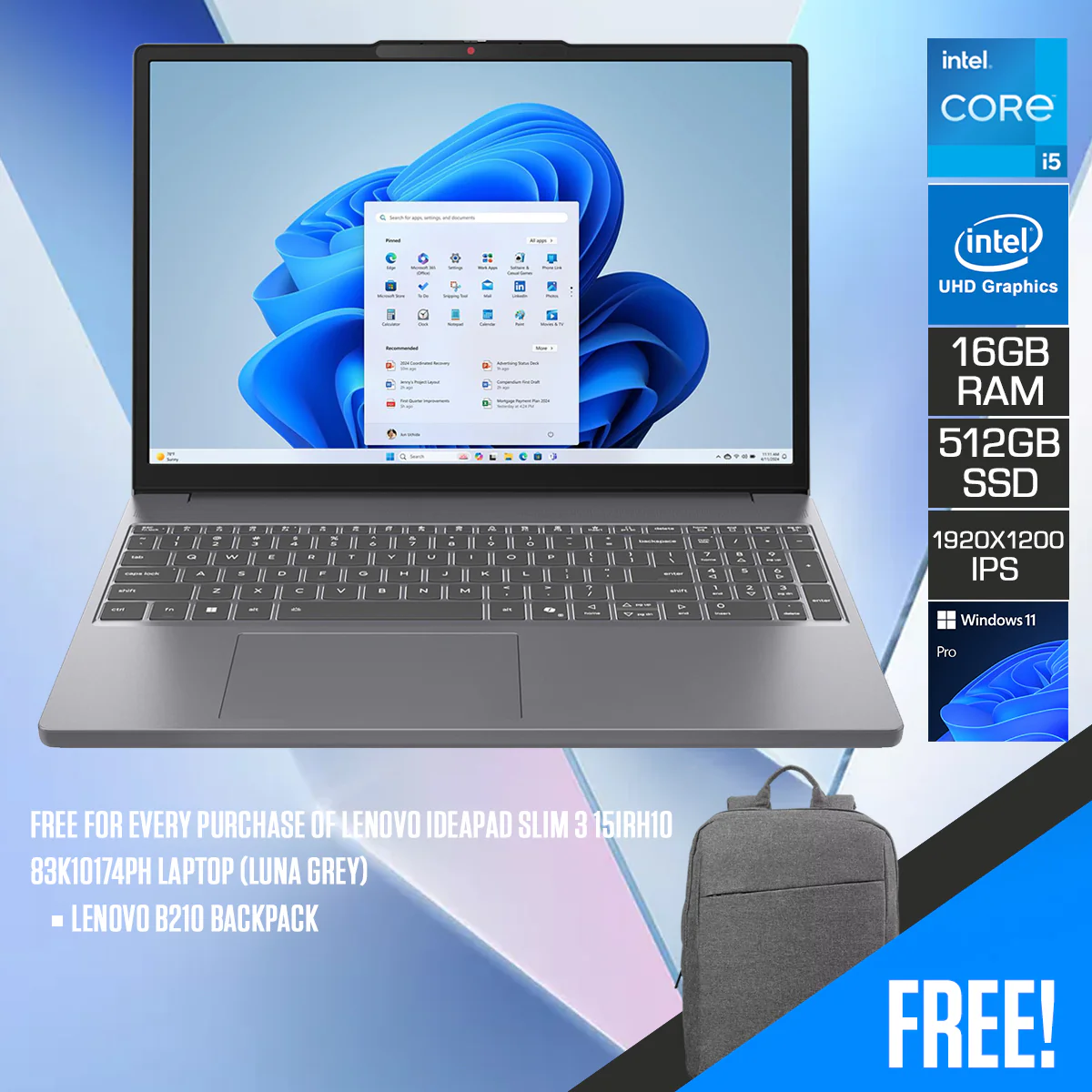 Lenovo IdeaPad Slim 3 15IRH10 83K10174PH Laptop (Luna Grey) | 15.3” WUXGA (1920x1200) IPS 60Hz | Intel Core i5-13420H | 16GB RAM | 512GB SSD | Intel UHD Graphics | Windows 11 Pro | Lenovo B210 Backpack