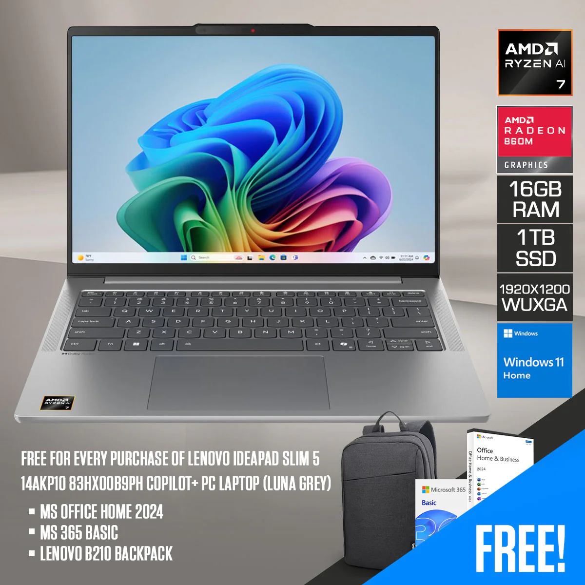 Lenovo IdeaPad Slim 5 14AKP10 83HX00B9PH Copilot+ PC Laptop (Luna Grey) | 14" WUXGA (1920x1200) OLED | Ryzen AI 7 350 | 16GB RAM | 1TB SSD | AMD Radeon 860M | Windows 11 Home | MS Office Home 2024 + MS 365 Basic + Lenovo B210 Backpack