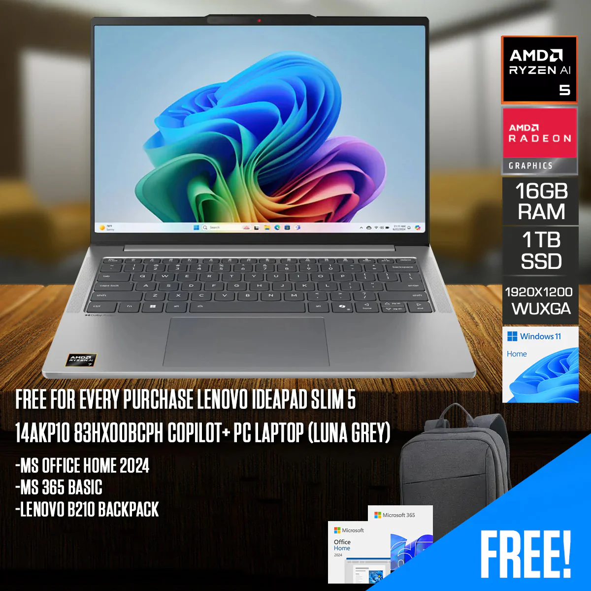 Lenovo IdeaPad Slim 5 14AKP10 83HX00BCPH Copilot+ PC Laptop (Luna Grey) | 14" WUXGA (1920x1200) IPS | Ryzen AI 5 330 | 16GB RAM | 1TB SSD | AMD Radeon 820M | Windows 11 Home | MS Office Home 2024 + MS 365 Basic + Lenovo B210 Backpack