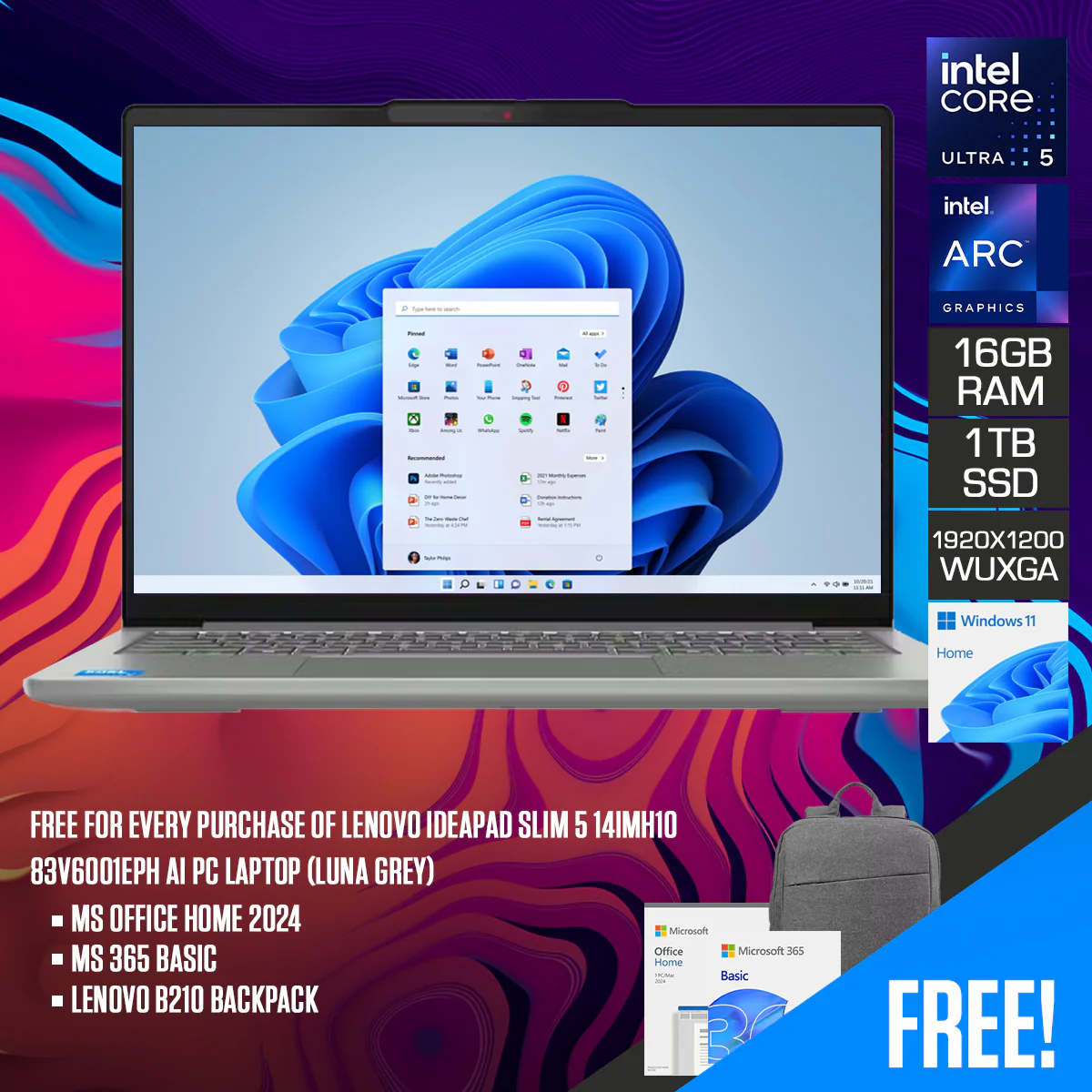 Lenovo IdeaPad Slim 5 14IMH10 83V6001EPH AI PC Laptop (Luna Grey) | 14" WUXGA (1920x1200) IPS | Core Ultra 5 135H | 16GB RAM | 1TB SSD | Intel Arc Graphics | Windows 11 Home | MS Office Home 2024 + MS 365 Basic + Lenovo B210 Backpack