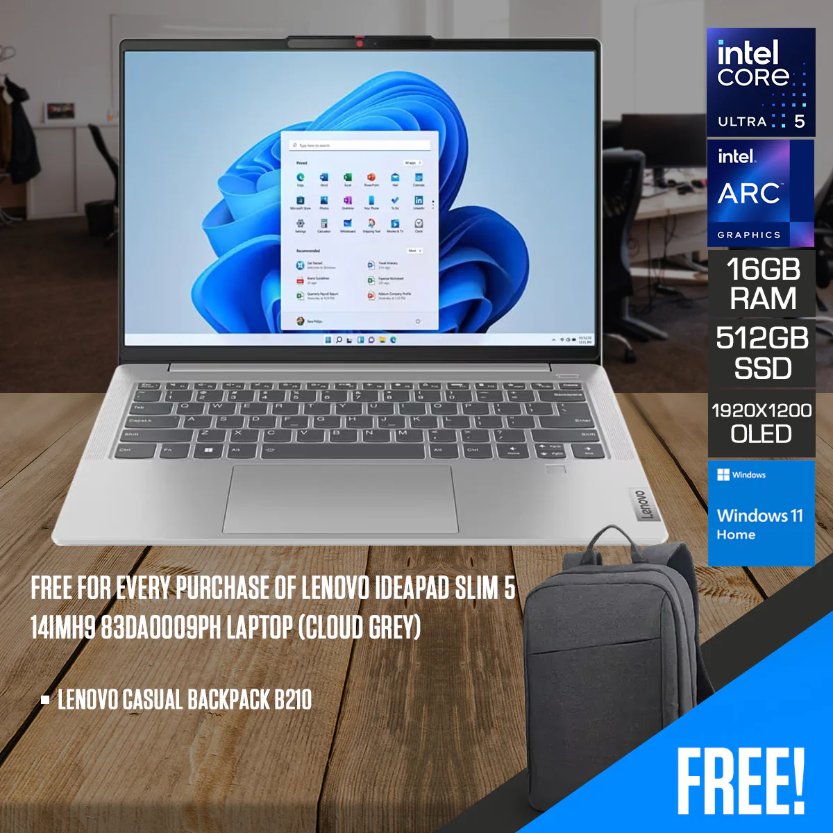 Lenovo IdeaPad Slim 5 14IMH9 83DA0009PH Laptop (Cloud Grey) | 14" WUXGA (1920x1200) OLED | Ultra 5 125H | 16GB RAM | 512GB SSD | Intel Arc Graphics | Windows 11 Home | Lenovo Casual Backpack B210