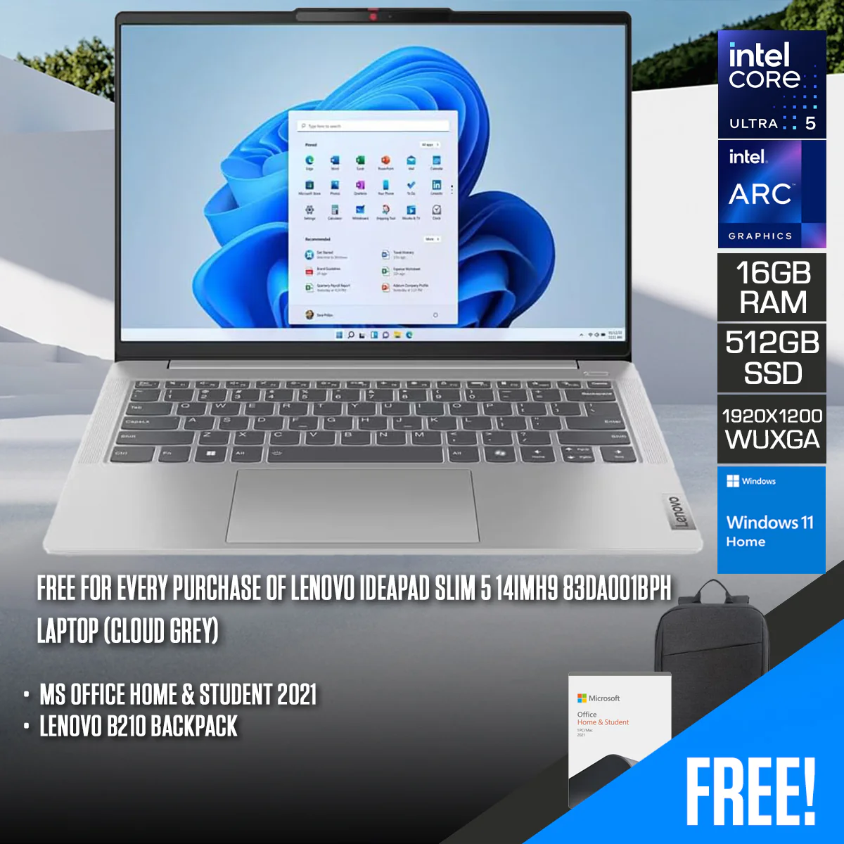 Lenovo IdeaPad Slim 5 14IMH9 83DA001BPH Laptop (Cloud Grey) | 14" WUXGA (1920x1200) IPS | Ultra 5 125H | 16GB RAM | 512GB SSD | Intel Arc Graphics | Windows 11 Home  + MS Office Home & Student 2021 + Lenovo B210 Backpack
