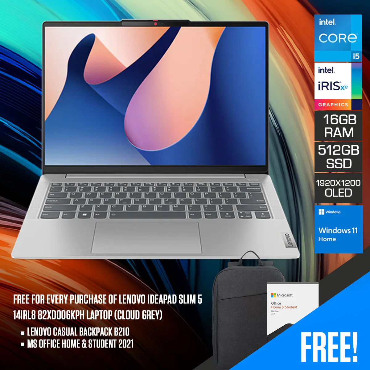Lenovo Ideapad Slim 5 14IRL8 82XD006KPH Laptop (Cloud Grey) | 14” WUXGA (1920x1200) OLED | i5-13500H | Intel Iris Xe Graphics | 16GB RAM | 512GB SSD | Windows 11 Home | MS Office Home & Student 2021 | Lenovo Casual Backpack B210