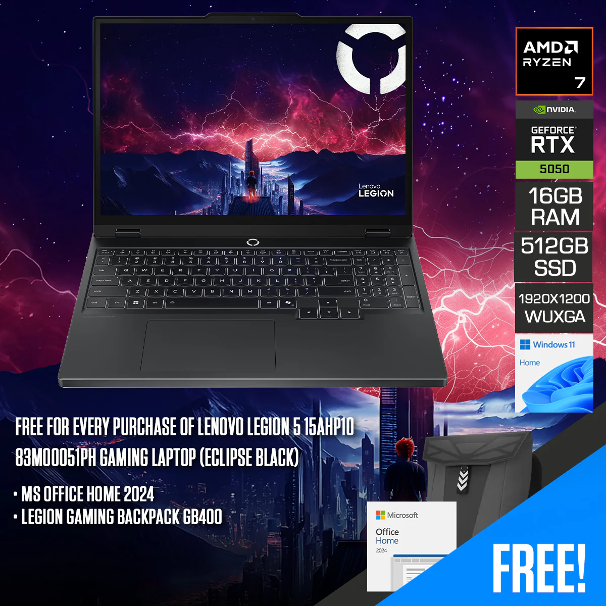 Lenovo Legion 5 15AHP10 83M00051PH Gaming Laptop (Eclipse Black) | 15.3" WUXGA (1920x1200) IPS 165Hz | Ryzen 7 260 | 16GB RAM | 512GB SSD | RTX 5050 | Windows 11 Home | MS Office Home 2024 + Legion Gaming Backpack GB400
