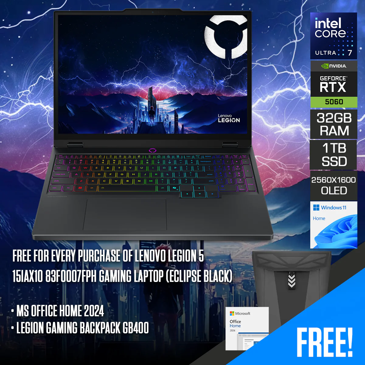 Lenovo Legion 5 15IAX10 83F0007FPH Gaming Laptop (Eclipse Black) | Core Ultra 7 255HX | 15.1" WQXGA (2560x1600) OLED 165Hz | 32GB RAM | 1TB SSD | RTX 5060 | Windows 11 Home | MS Office Home 2024 + Legion Gaming Backpack GB400