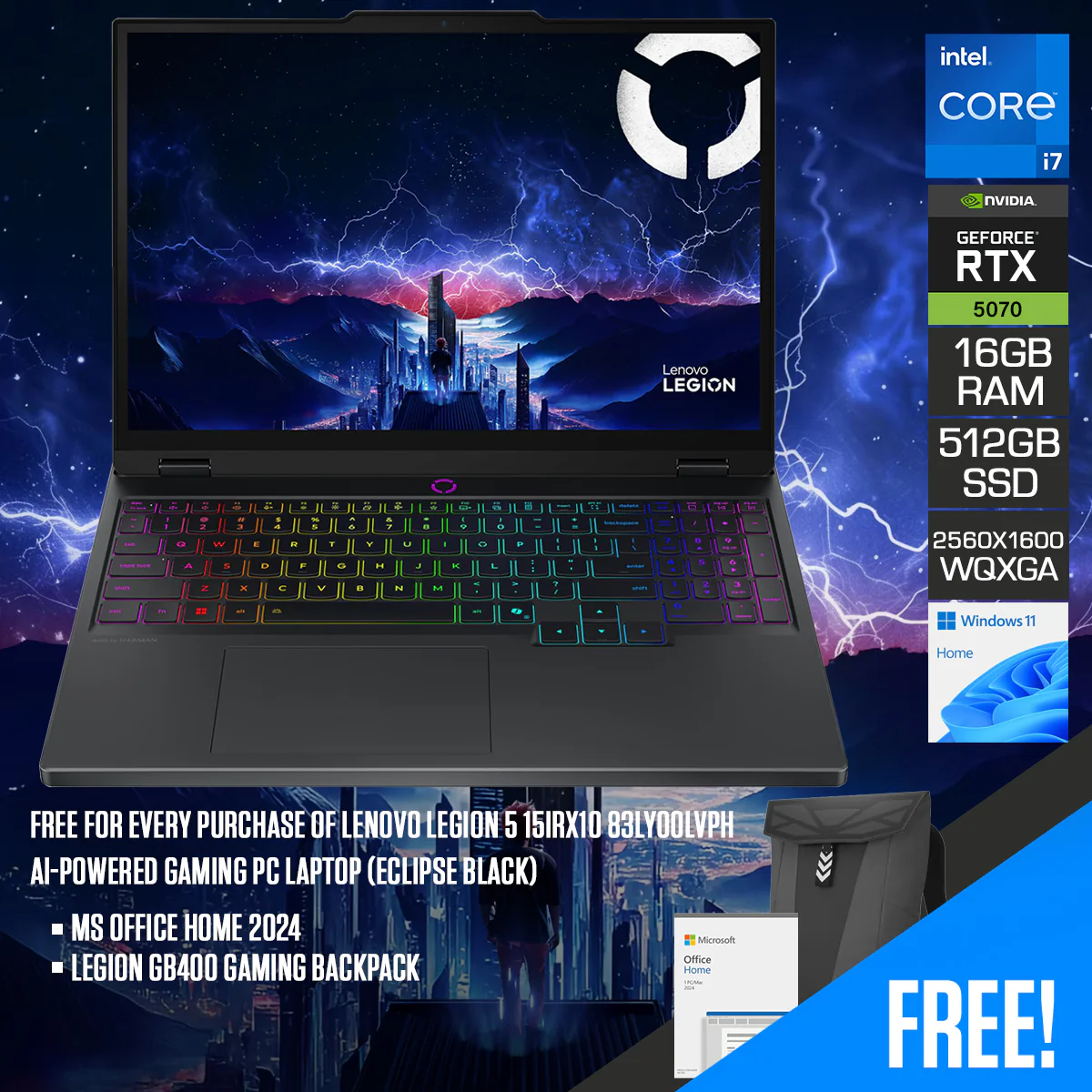 Lenovo Legion 5 15IRX10 83LY00LVPH AI-Powered Gaming PC Laptop (Eclipse Black) | 15.1" WQXGA (2560x1600) OLED 165Hz | Core i7-14700HX | 16GB RAM | 512GB SSD | RTX 5070 | Windows 11 Home | MS Office Home 2024 + Legion GB400 Gaming Backpack