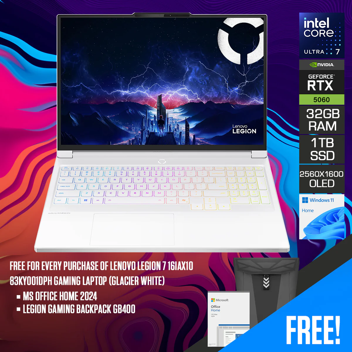 Lenovo Legion 7 16IAX10 83KY001DPH Gaming Laptop (Glacier White) | 16" WQXGA (2560x1600) OLED 165Hz | Intel Core Ultra 7 255HX | 32GB RAM | 1TB SSD | RTX 5060 | Win 11 Home | MS Office Home 2024 + Legion Gaming Backpack GB400