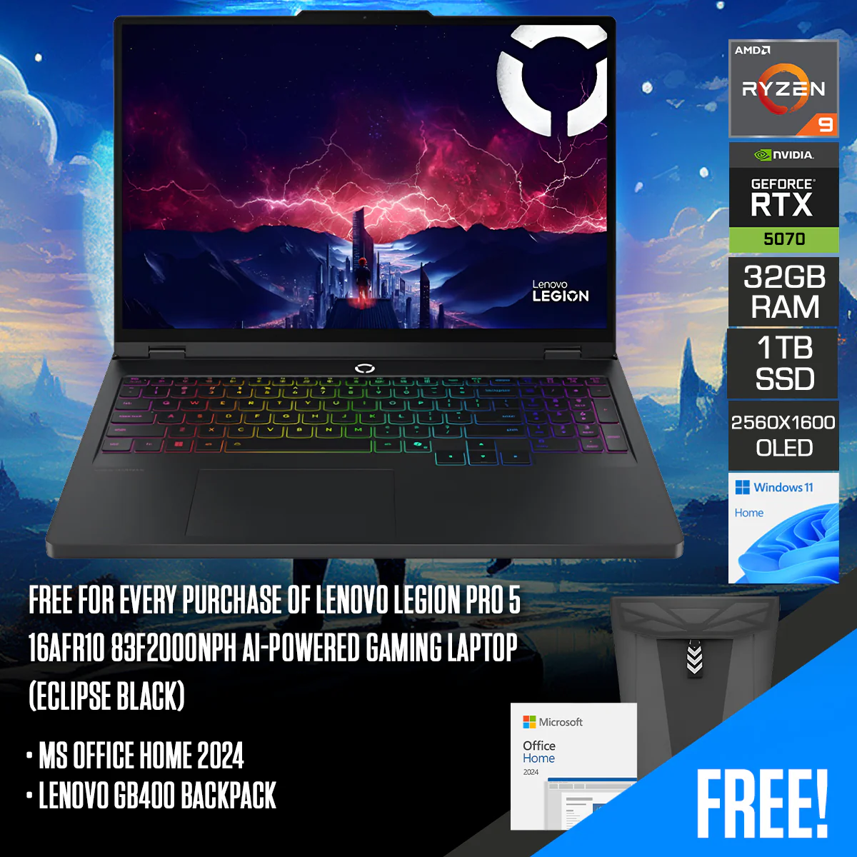 Lenovo Legion Pro 5 16AFR10 83F2000NPH AI-Powered Gaming Laptop (Eclipse Black) | 16" WQXGA (2560x1600) OLED 165Hz | Ryzen 9 9955HX | 32GB RAM | 1TB SSD | RTX 5070 8GB | Windows 11 Home | MS Office Home 2024 + Lenovo GB400 Backpack