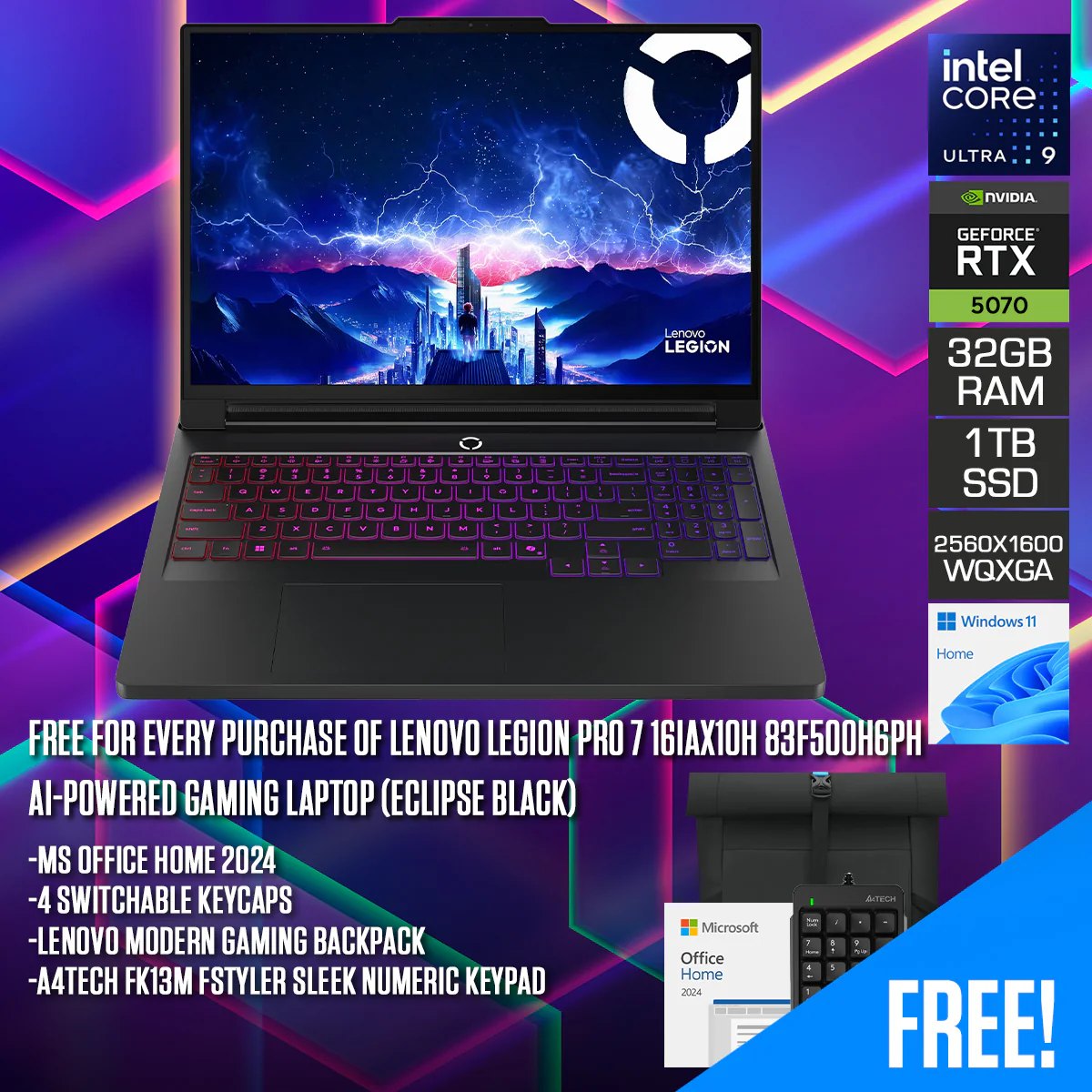 Lenovo Legion Pro 7 16IAX10H 83F500H6PH AI-Powered Gaming Laptop (Eclipse Black) | 16" WQXGA (2560x1600) OLED 240Hz|Core Ultra 9 275HX|32GB RAM|1TB SSD|RTX 5070 Ti 12GB|Win11 Home|MS Office Home 2024+4 Switchable Keycap+Legion Gaming Backpack+A4Tech FK13M