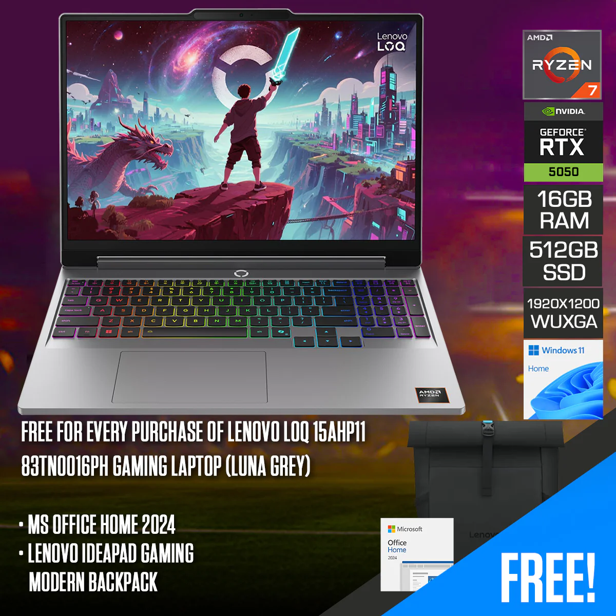 Lenovo LOQ 15AHP11 83TN0016PH Gaming Laptop (Luna Grey) | 15.3" WUXGA (1920x1200) IPS 165Hz | Ryzen 7 250 | 16GB RAM | 512GB SSD | RTX 5050 | Windows 11 Home | MS Office Home 2024 + Lenovo IdeaPad Gaming Modern Backpack