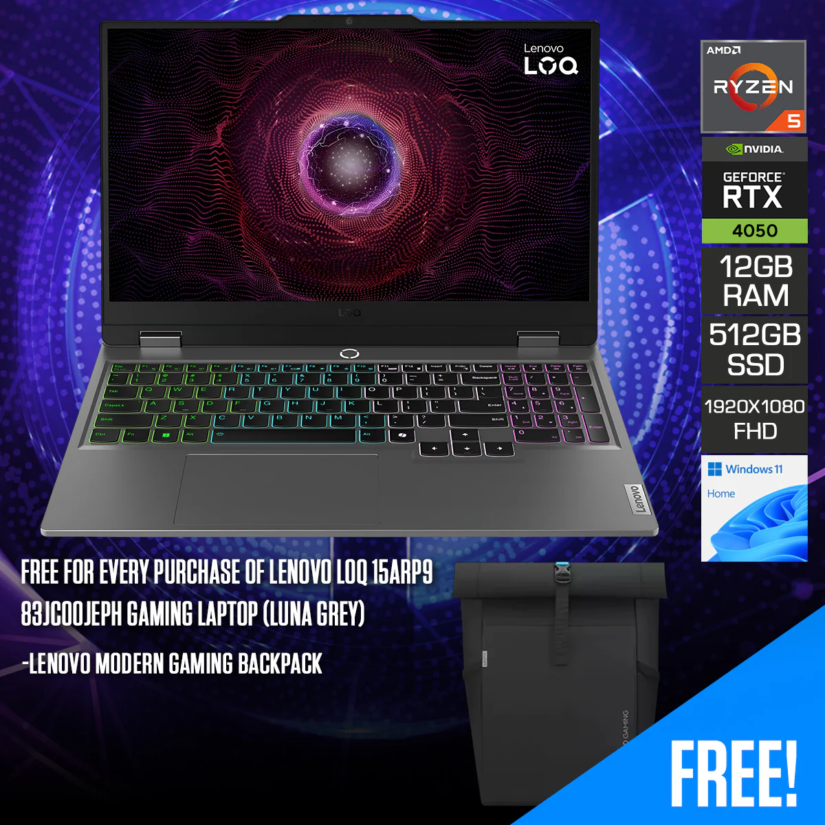 Lenovo LOQ 15ARP9 83JC00JEPH Gaming Laptop (Luna Grey) | 15.6" FHD (1920x1080) IPS 144Hz | Ryzen 5 7235HS | 12GB RAM | 512GB SSD | RTX 4050 | Windows 11 Home | Lenovo Modern Gaming Backpack