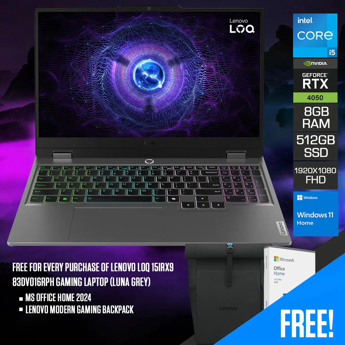 Lenovo LOQ 15IRX9 83DV016RPH Gaming Laptop (Luna Grey) | 15.6" FHD (1920x1080) IPS 144Hz | Core i5-13450HX | 8GB RAM | 512GB SSD | RTX 4050 | Windows 11 Home | MS Office Home 2024 + Lenovo Modern Gaming Backpack