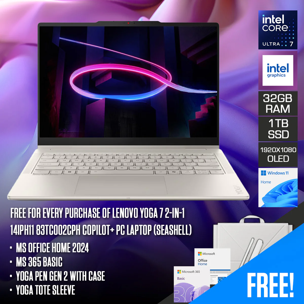 Lenovo Yoga 7 2-in-1 14IPH11 83TC002CPH Copilot+ PC Laptop (Seashell) | 14" WUXGA (1920x1200) OLED | Core Ultra 7 355 | 32GB RAM | 1TB SSD | Integrated Intel Graphics | Win 11 Home | MS Office Home 2024 + MS 365 Basic + Yoga Pen Gen2 w/ Case + Tote Sleeve