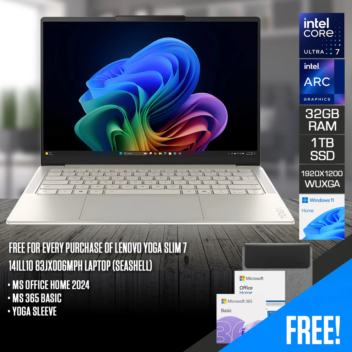 Lenovo Yoga Slim 7 14ILL10 83JX006MPH Laptop (Seashell) | 14" WUXGA (1920x1200) OLED | Core Ultra 7 258V | 32GB RAM | 1TB SSD | Intel Arc Graphics 140V | Windows 11 Home | MS Office Home 2024 + MS 365 Basic + Yoga Sleeve