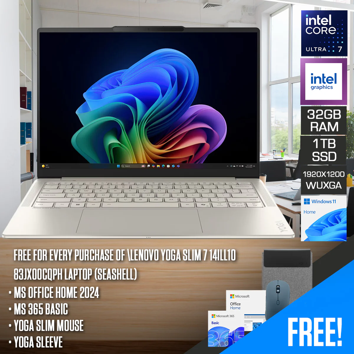 Lenovo Yoga Slim 7 14ILL10 83JX00CQPH Laptop (Seashell) | 14" WUXGA (1920x1200) OLED | Core Ultra 7 258V | 32GB RAM | 1TB SSD | Intel Arc Graphics 140V | Windows 11 Home | MS Office Home 2024 + MS 365 Basic + Yoga Slim Mouse + Yoga Sleeve