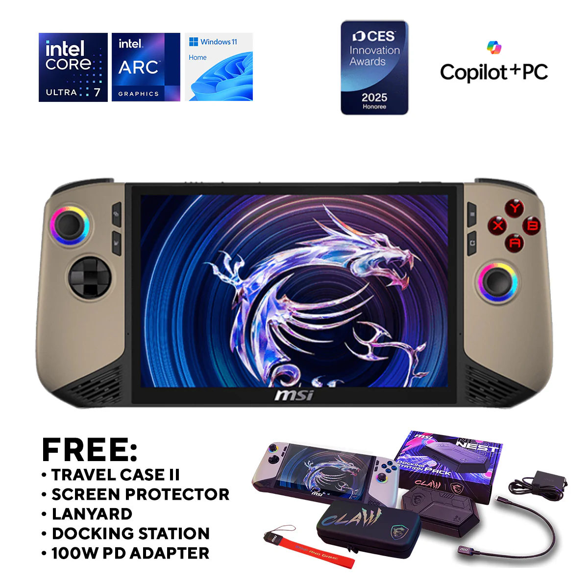 MSI Claw 8 AI+ A2VM-060PH Super Pack Handheld Gaming Console (Sandstorm) | 8" FHD+ (1920x1200) 120Hz Touch | Core Ultra 7 258V | 32GB RAM | 1TB SSD | Intel Arc 140V | Win 11 Home |Travel Case II +Screen Protector +Lanyard +Docking Station +100W PD Adapter