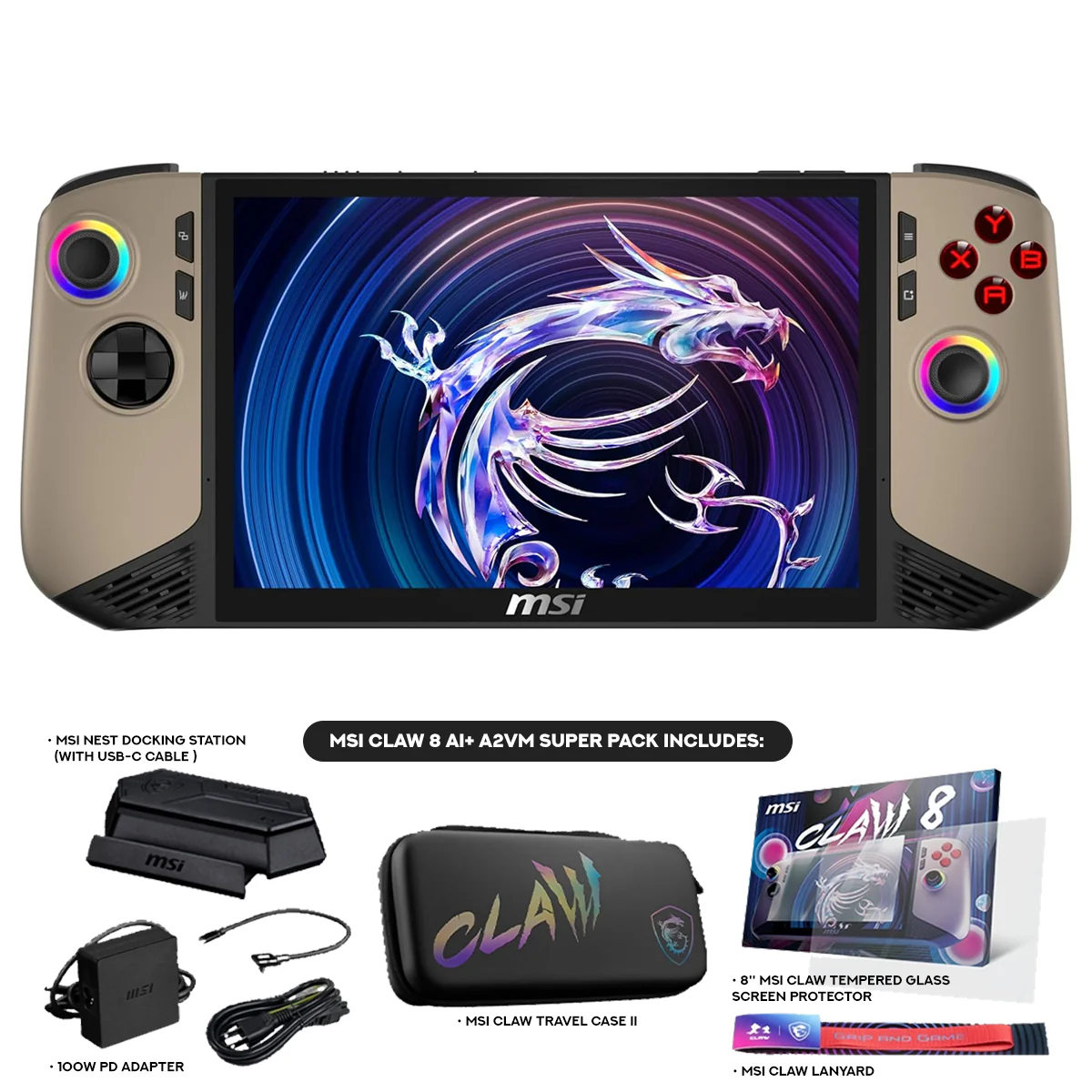 MSI Claw 8 AI+ A2VM-060PH Super Pack Handheld Gaming Console (Sandstorm) | 8" FHD+ (1920x1200) 120Hz Touch | Core Ultra 7 258V | 32GB RAM | 1TB SSD | Intel Arc 140V | Win 11 Home |Travel Case II +Screen Protector +Lanyard +Docking Station +100W PD Adapter - Image 7