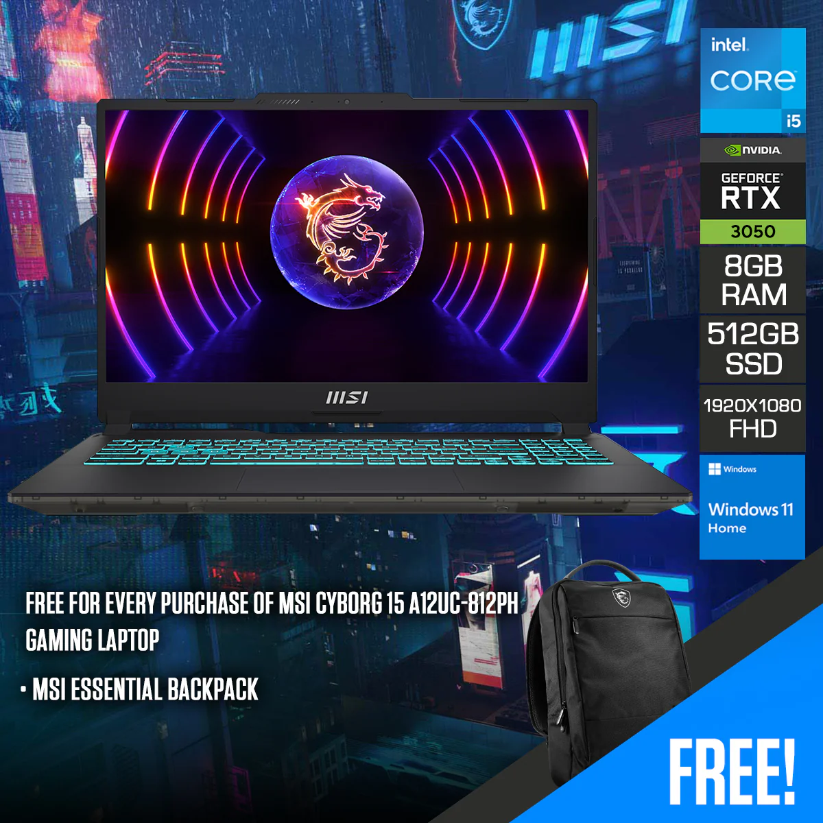 MSI Cyborg 15 A12UC-812PH Gaming Laptop | 15.6" FHD (1920X1080) | 144HZ IPS | i5-12450H | 8GB RAM | 512GB SSD | RTX 3050 | Windows 11 Home | MSI Essential Backpack