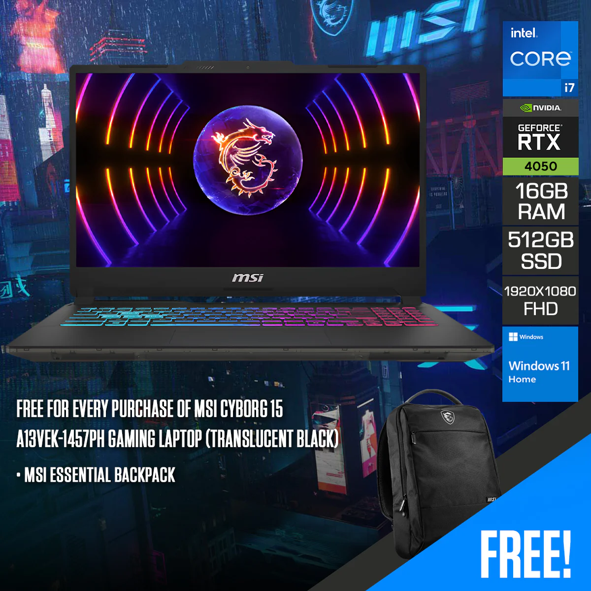 MSI Cyborg 15 A13VEK-1457PH Gaming Laptop (Translucent Black) | 15.6" FHD (1920x1080) IPS 144Hz | i7-13620H | 16GB RAM | 512GB SSD | RTX 4050 | Windows 11 Home | MSI Essential Backpack