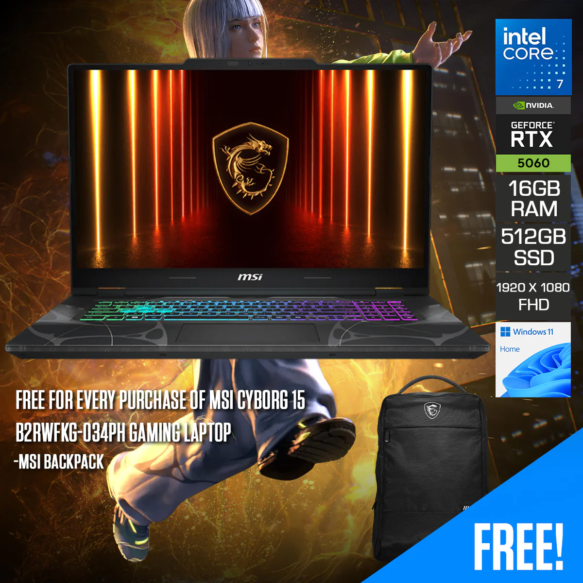 MSI Cyborg 15 B2RWFKG-034PH Gaming Laptop | 15.6" FHD (1920x1080) 144Hz IPS | Core 7-240H | 16GB RAM | 512GB SSD | RTX 5060 | Windows 11 Home | MSI Backpack