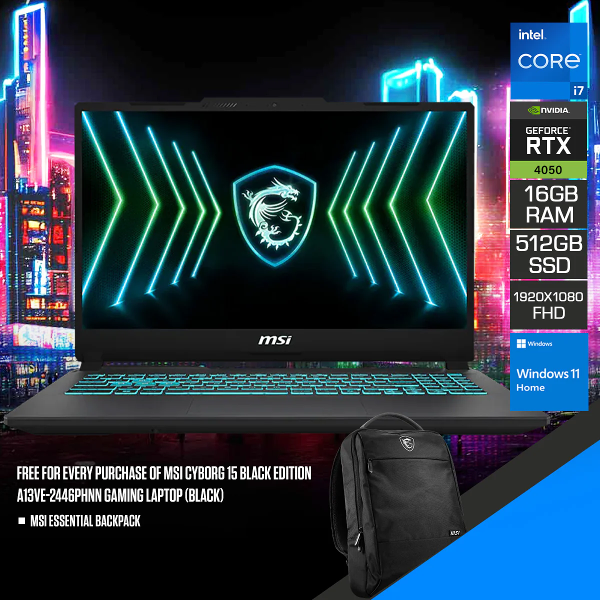 MSI Cyborg 15 Black Edition A13VE-2446PHNN Gaming Laptop (Black) | 15.6" FHD (1920x1080) 144Hz IPS | Core i7-13620H | 16GB RAM | 512GB SSD | RTX 4050 | Windows 11 Home + MSI Essential Backpack