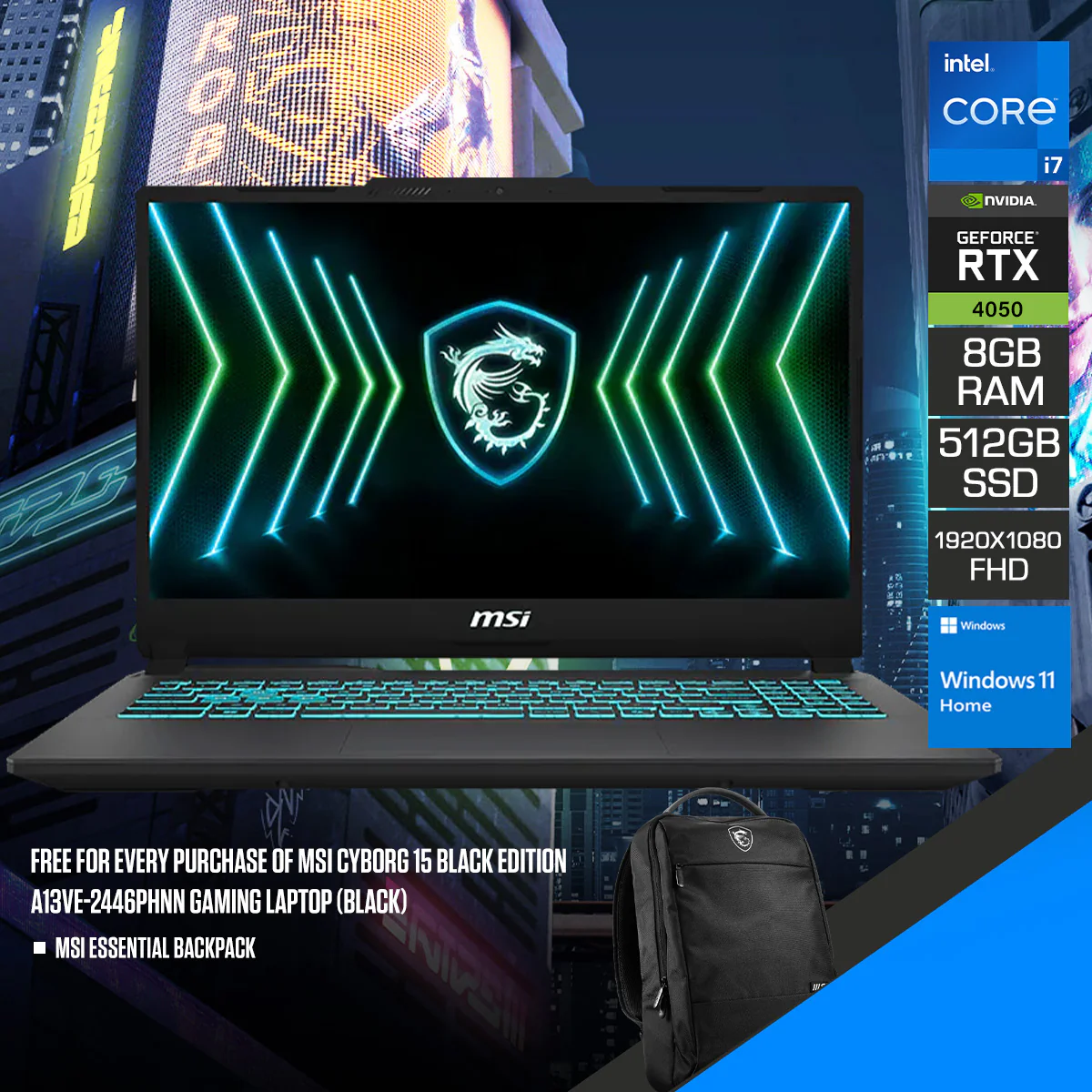 MSI Cyborg 15 Black Edition A13VE-2452PHNN Gaming Laptop (Black) | 15.6" FHD (1920x1080) 144Hz IPS | Core i7-13620H | 8GB RAM | 512GB SSD | RTX 4050 | Windows 11 Home + MSI Essential Backpack