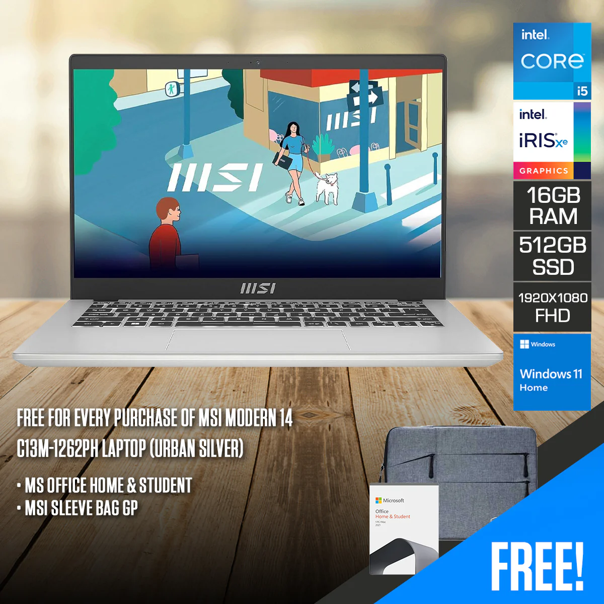 MSI Modern 14 C13M-1262PH Laptop (Urban Silver) | 14" FHD (1920x1080) IPS | i5-1335U | 16GB RAM | 512GB SSD | Iris Xe Graphics | Windows 11 Home + MS Office Home & Student 2021 + MSI Sleeve Bag GP
