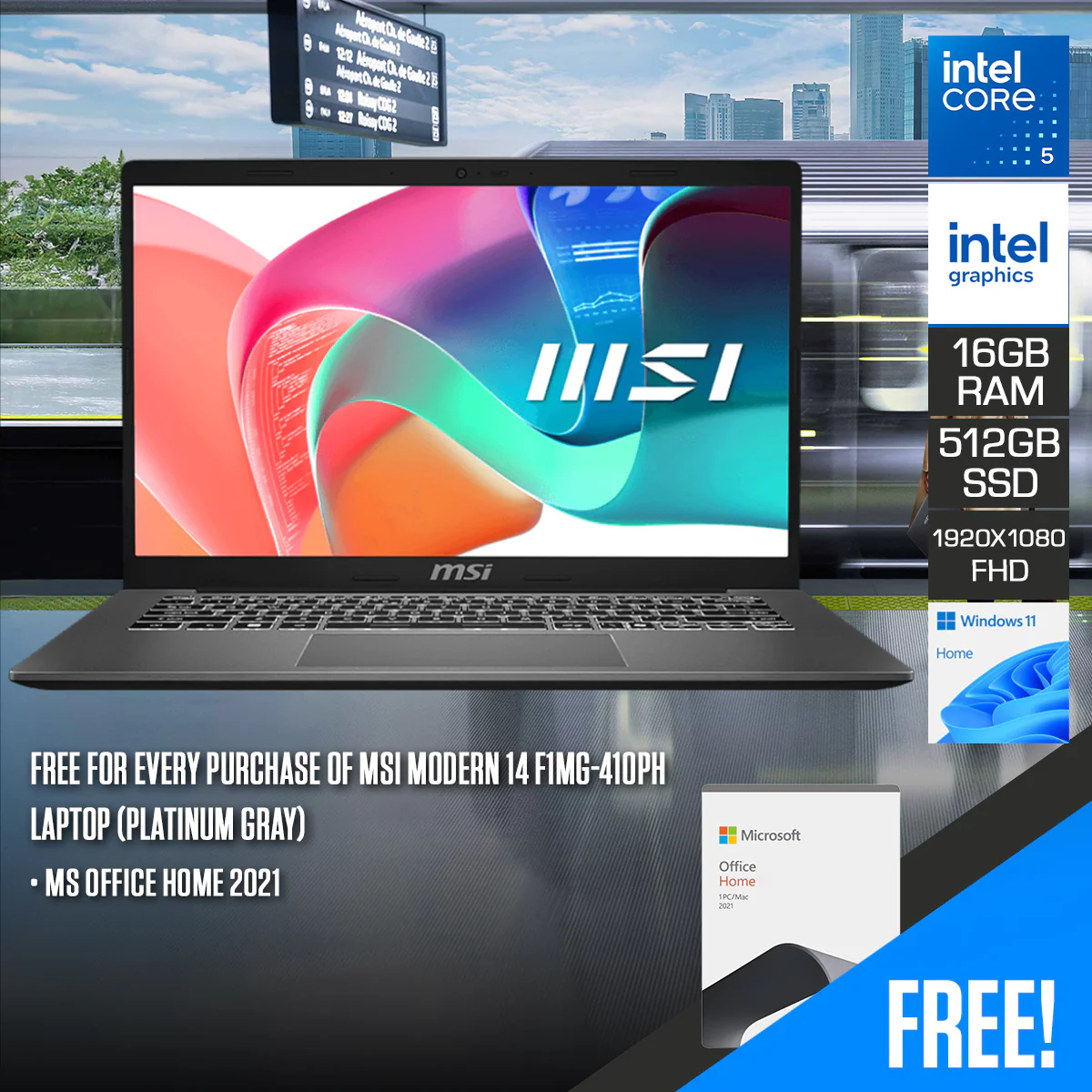 MSI Modern 14 F1MG-410PH Laptop (Platinum Gray) | 14" FHD (1920x1080) | Intel Core 5-120U | 16GB RAM | 512GB SSD | Intel Graphics | Windows 11 Home | MS Office Home 2021