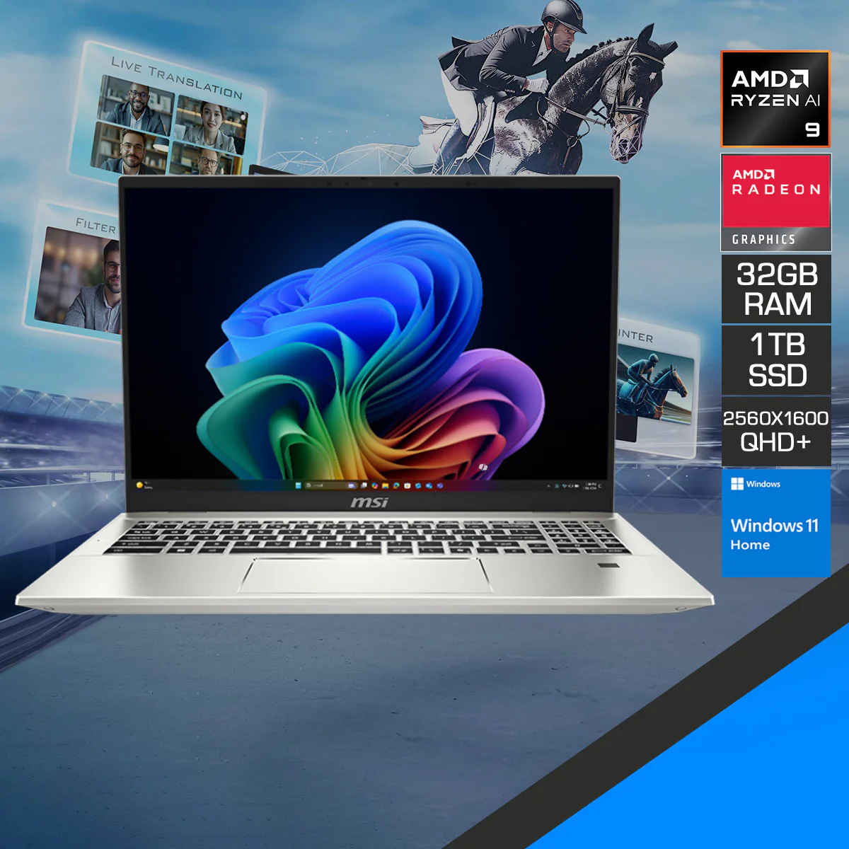 MSI Prestige A16 AI+ A3HMG-040PH Laptop (Urban Silver) | 16" QHD+ (2560x1600) 165Hz IPS | Ryzen AI 9 365 | 32GB RAM | 1TB SSD | AMD Radeon Graphics | Windows 11 Home