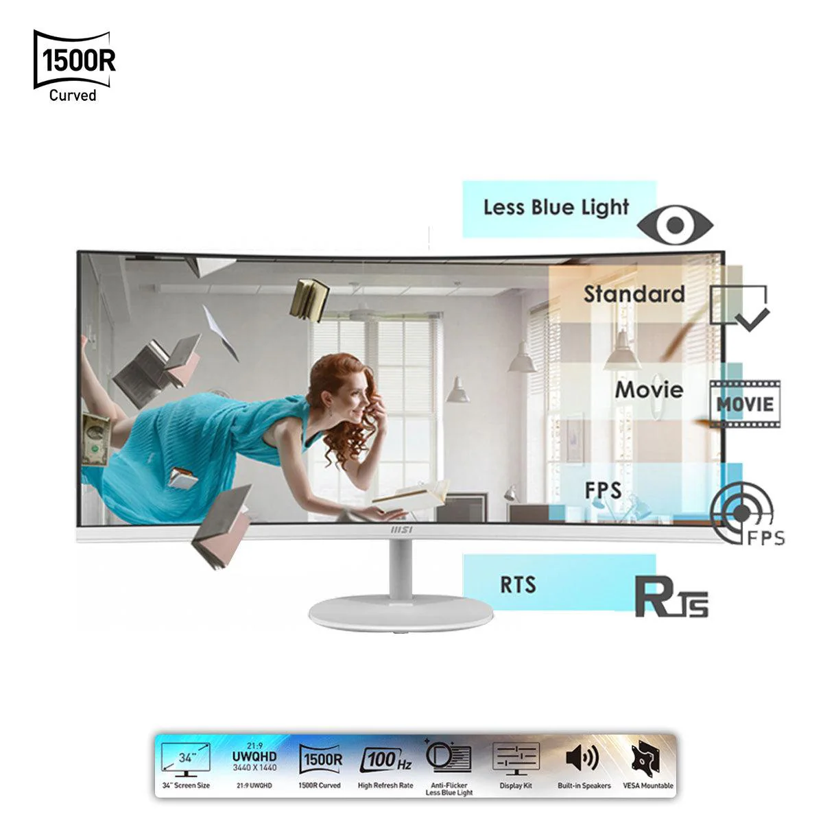 MSI Pro MP341CQW 34" UWQHD Curved Business & Productivity Monitor (White)