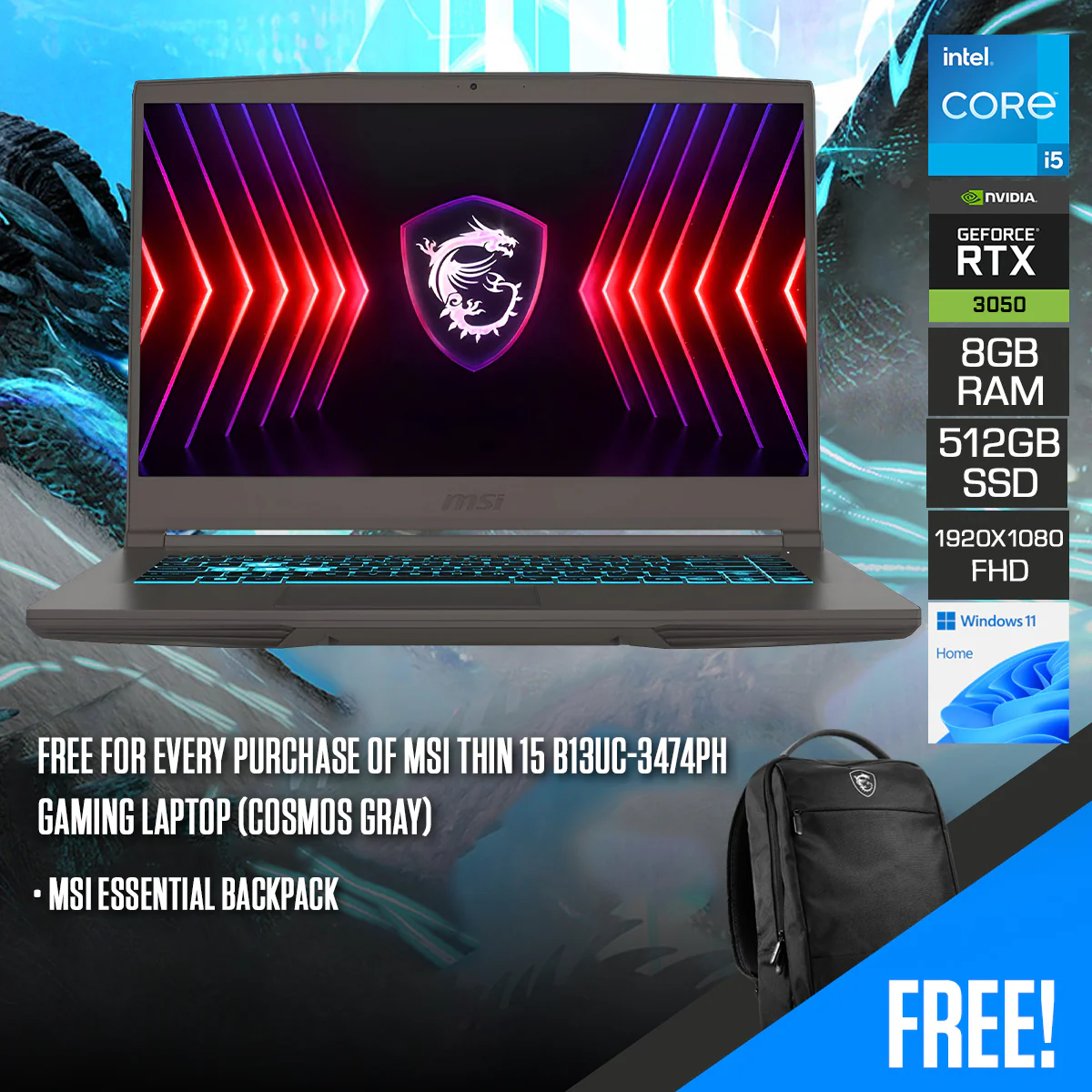 MSI Thin 15 B13UC-3474PH Gaming Laptop (Cosmos Gray) | 15.6" FHD (1920x1080) 144Hz IPS | i5-13420H | 8GB RAM | 512GB SSD | RTX 3050 | Windows 11 Home | MSI Essential Backpack