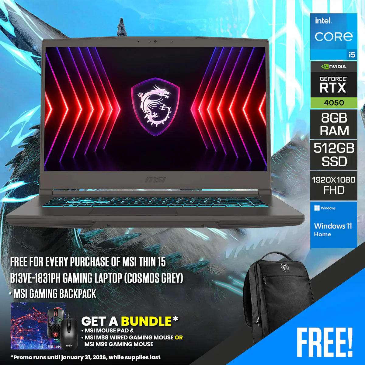 MSI Thin 15 B13VE-1831PH Gaming Laptop (Cosmos Grey) | 15.6" FHD (1920x1080) 144Hz IPS | i5-13420H | 8GB Ram | 512GB SSD | RTX 4050 | Windows 11 Home | MSI Gaming Backpack