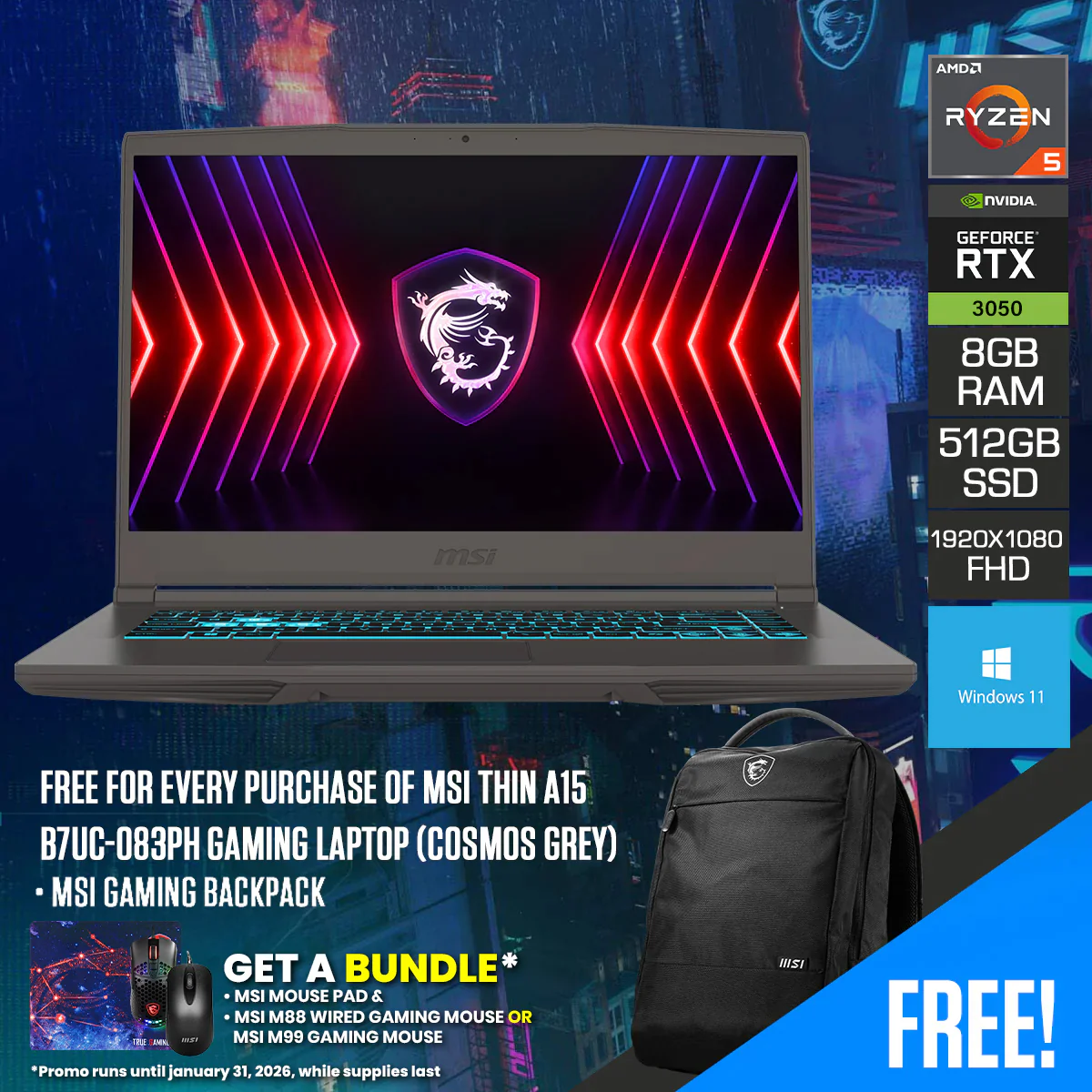 MSI Thin A15 B7UC-083PH Gaming Laptop (Cosmos Grey) | 15.6" FHD (1920x1080) 144Hz IPS | R5 7535HS | 8GB RAM | 512GB SSD | RTX 3050 | Windows 11 | MSI Gaming Backpack