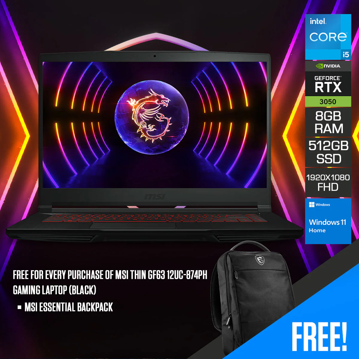MSI Thin GF63 12UC-874PH Gaming Laptop (Black) | 15.6" FHD (1920x1080) | i5-12450H | 8GB RAM | 512GB SSD | RTX 3050 | Windows 11 Home | MSI Essential Backpack